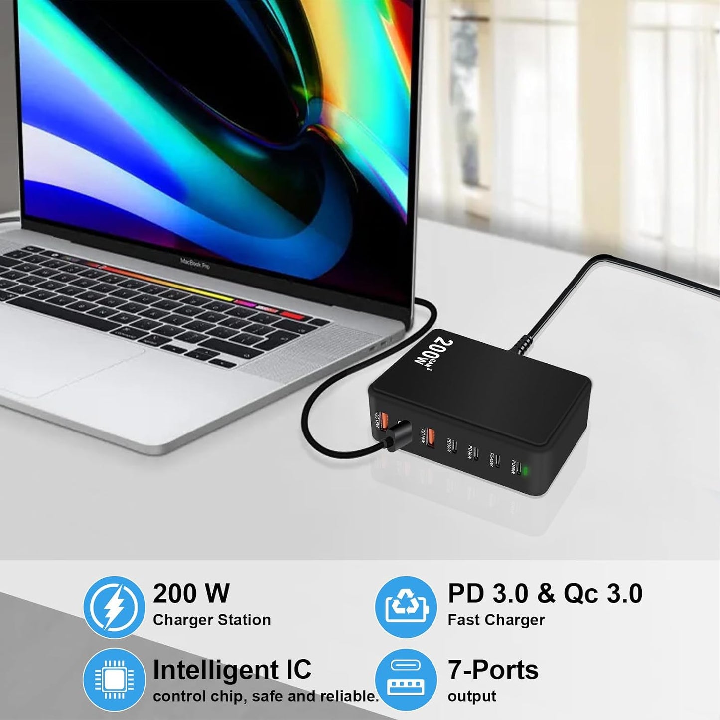 USB C Charger Charging Station 200W 7-Port GaN Fast Charging Block for Multiple Devices