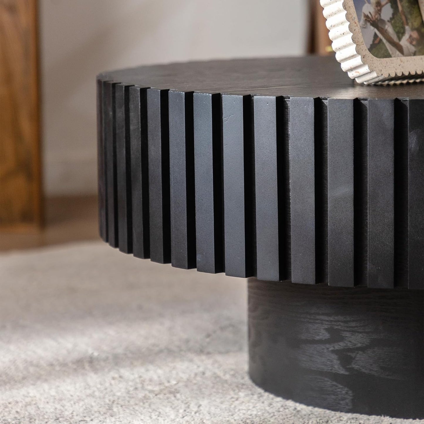 Round Fluted Coffee Table (Circle Black 31.5in) | Round Drum Coffee Table for Living Room | Modern Circular Pedestal Center Table