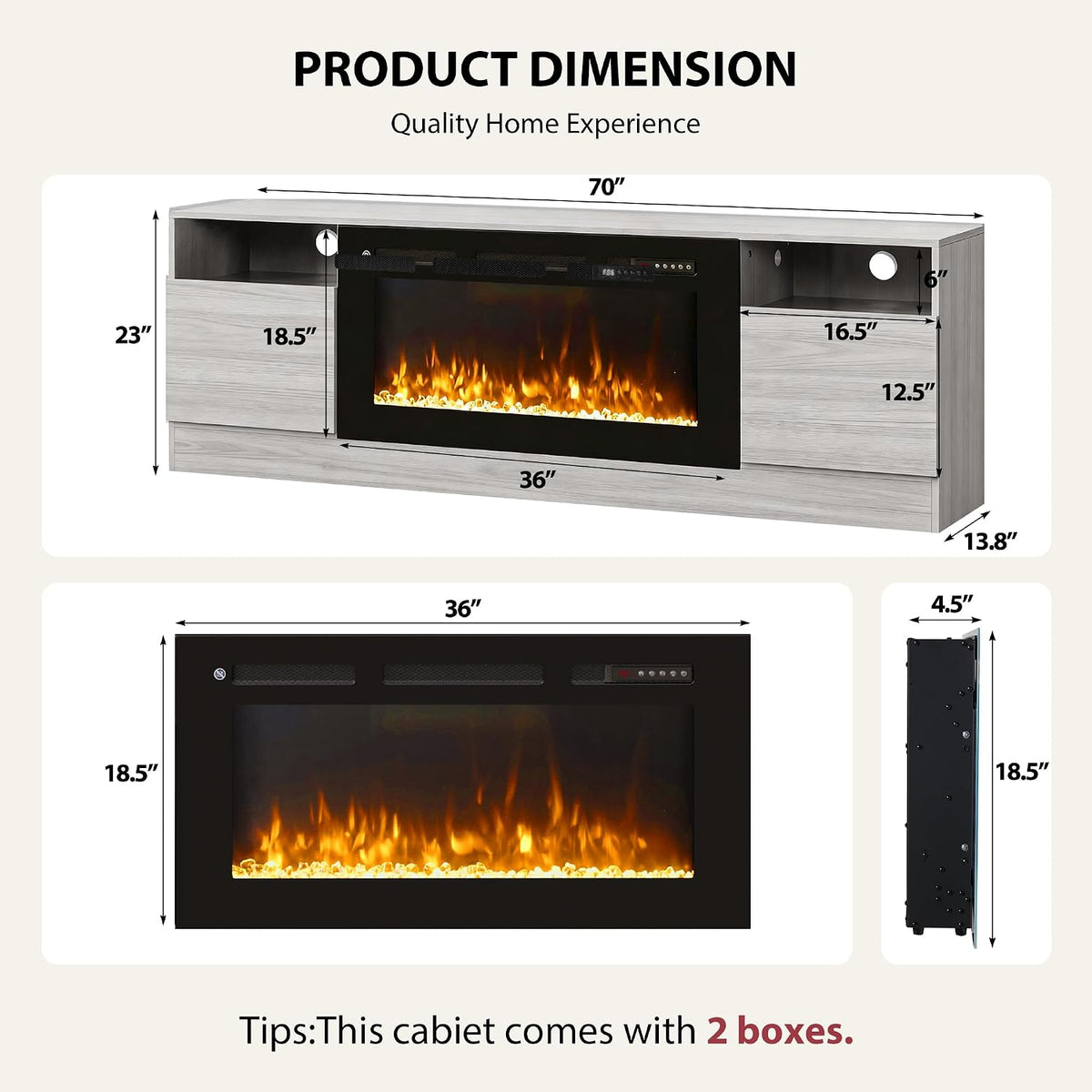 70" TV Stand with 36" Electric Fireplace, Large Modern Media Entertainment Center with Storage Cabinet and 12 Colors LED Lights for TVs Up to 80",Grey and Black