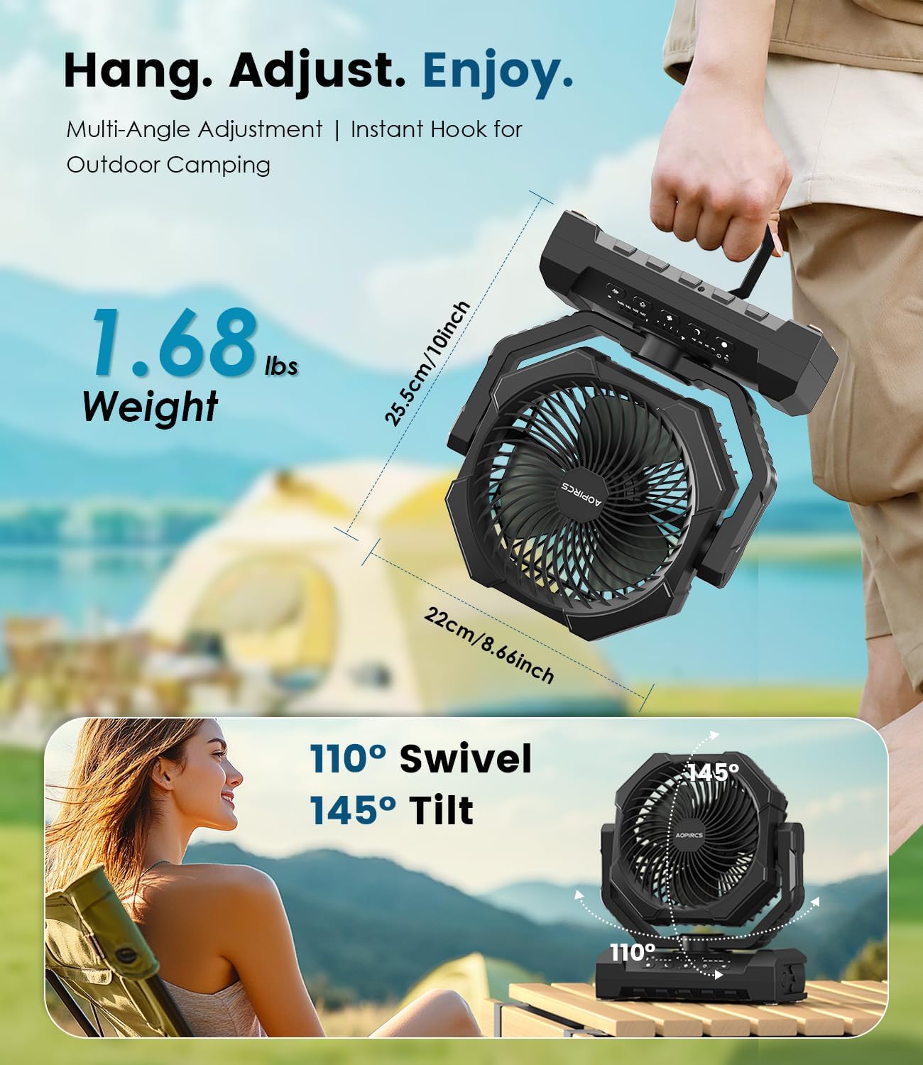 Camping Fan Rechargeable, 60H Long-Lasting Battery Powered Fan - 4 Speeds, 3 Light, Timer, Sleep Mode, Hook, Portable Fans for Camping Gear, Travel Essentials, Tent, RV, Outdoor, Garage, Emergency
