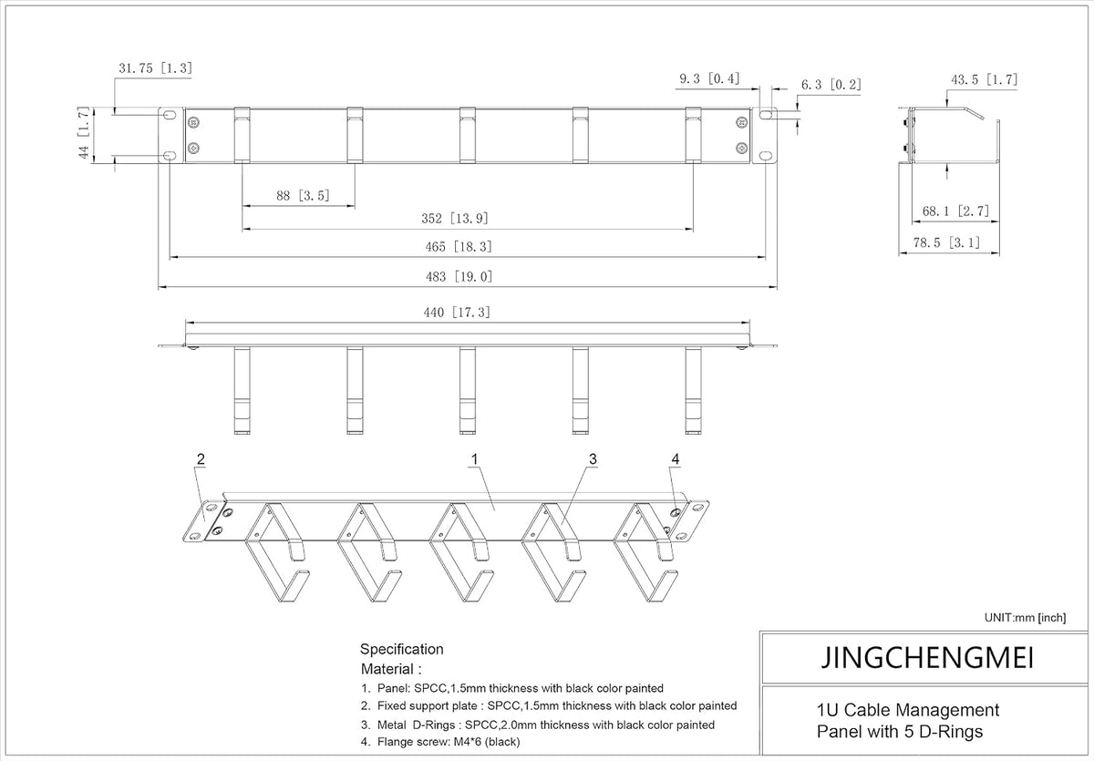 19-Inch 1U Metal Horizontal Rackmount 5 D-Rings Cable Manager