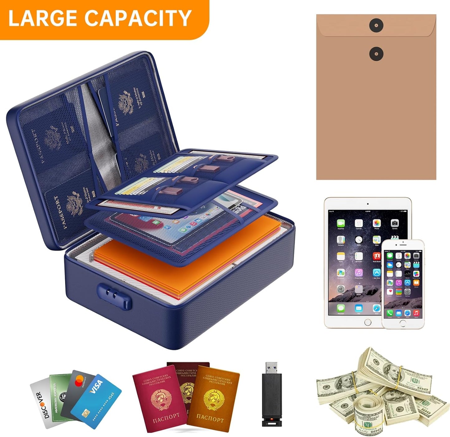 DocSafe 5200°F Document Organizer with Lock,Upgraded Heat Insulated Fireproof＆Waterproof Box 8 Layers File Organizer,Portable Home Travel Safe Storage for Important Documents, Files,Blue (Soft)