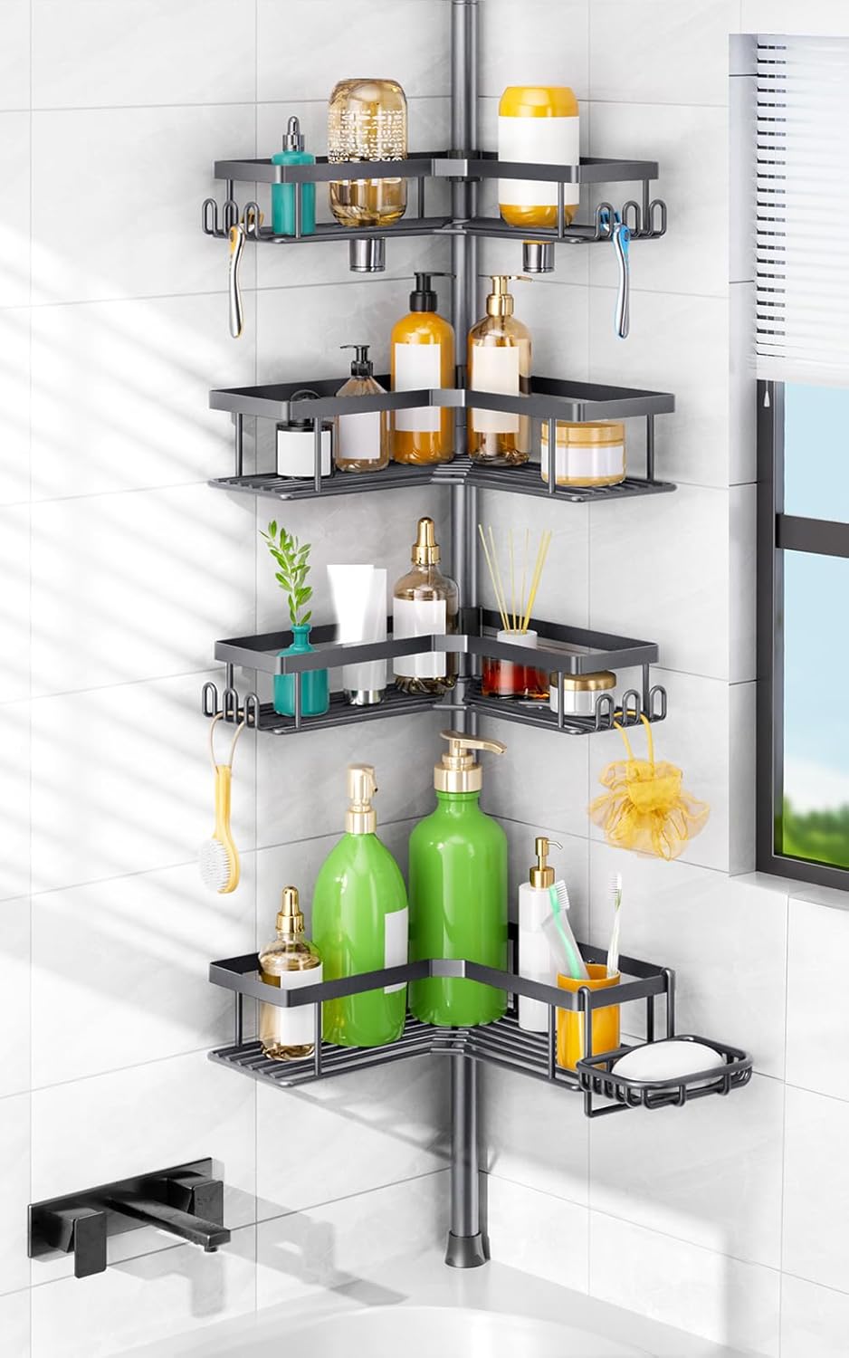 HAMITOR Shower Caddy Tension Pole: 4-Tier Corner Rustproof Bathroom Organizer with Soap Holder & Hooks - No-Drill Adjustable Shower Shelf for Renters - Family Stand Storage Rack - 47-123 Inch Black