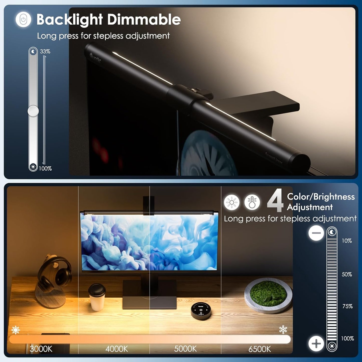 Quntis Computer Monitor Light Bar with Remote, Eye-Care Monitor Light Backlight Desk Lamp for Home Office Gaming, Stepless Dimming Brightness and Color Temperature, No Screen Glare, Gray