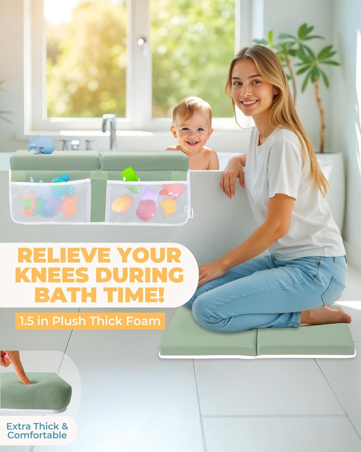 Comfortable Baby Bath Kneeler and Elbow Rest Pad Set – Thick Memory Foam Bath Kneeling Pad with Elbow Support – Baby Bathtub Cushion with Toy Organizer for Bathing Infant or Toddler - Green