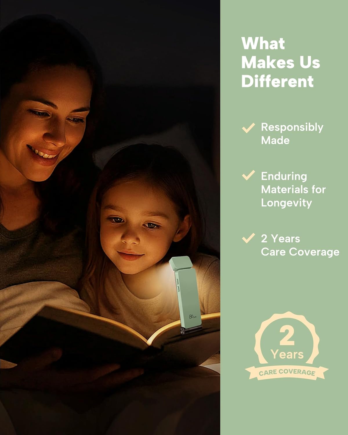 86lux Book Light, Rechargeable Clip-On LED Reading Light for Bed & Night Use - 3 Color Temperatures with Stepless Dimming, Ultralight Bookmark Design for Kids, Book Lovers, Mint Green