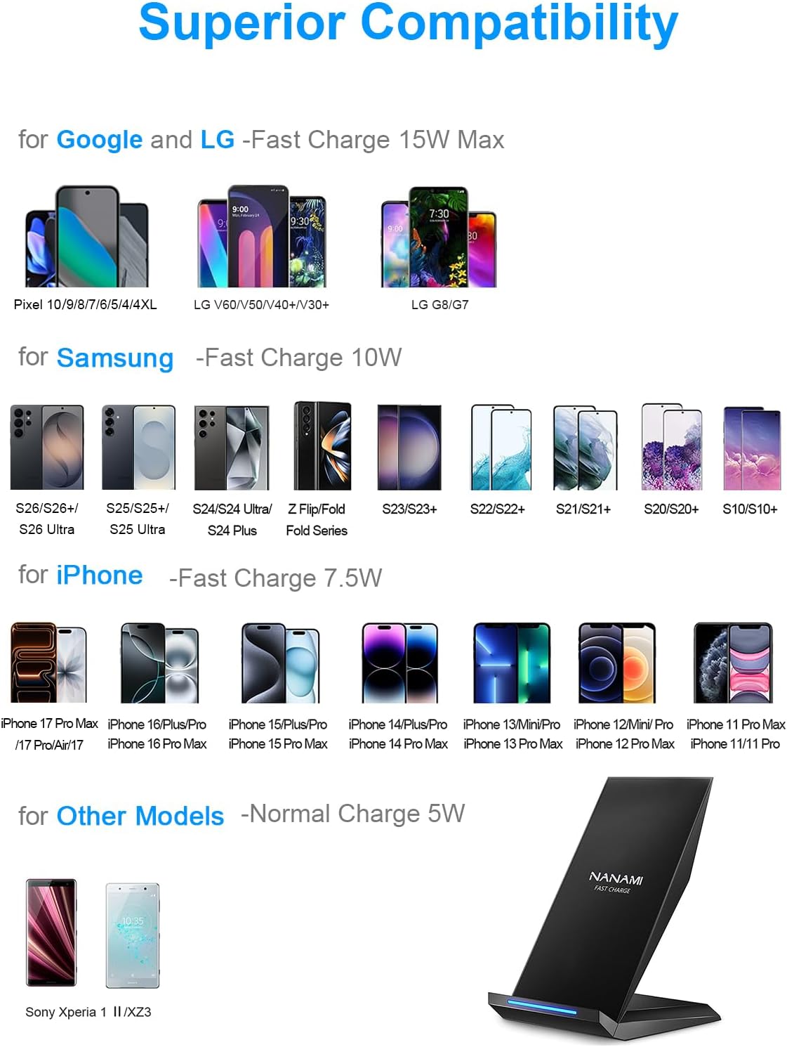 Fast Wireless Charger, NANAMI Wireless Charging Stand Compatible iPhone 17/17 Air/16/15/15 Pro/15 Plus/15 Pro Max/14/13, Nightstand Phone Charger Dock for Samsung Galaxy S26/S26+/S25/S24/S23/S22