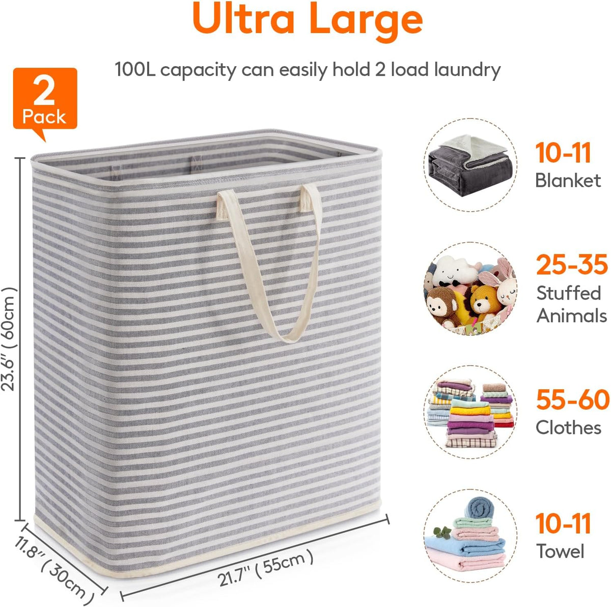 Lifewit 100L Large Laundry Baskets, 2 Pack, Reinforced Handles, Grey