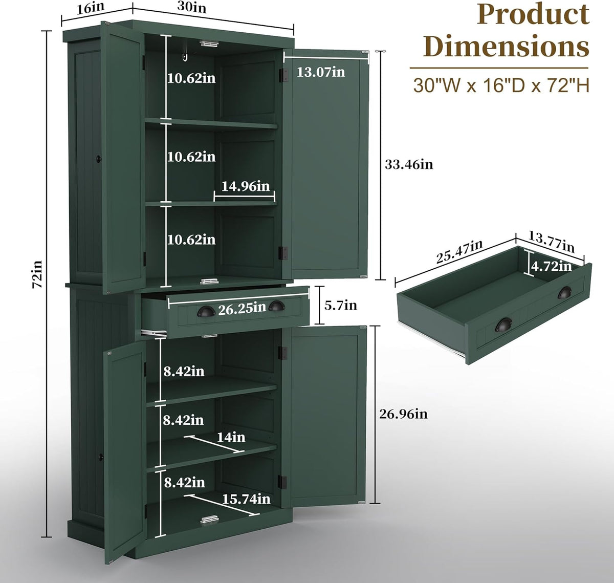 ARTPOWER 72" Tall Kitchen Pantry Storage Cabinet with Drawer and Adjustable Shelves, Pantry Cabinet for Kitchen, Bathroom or Hallway, Green