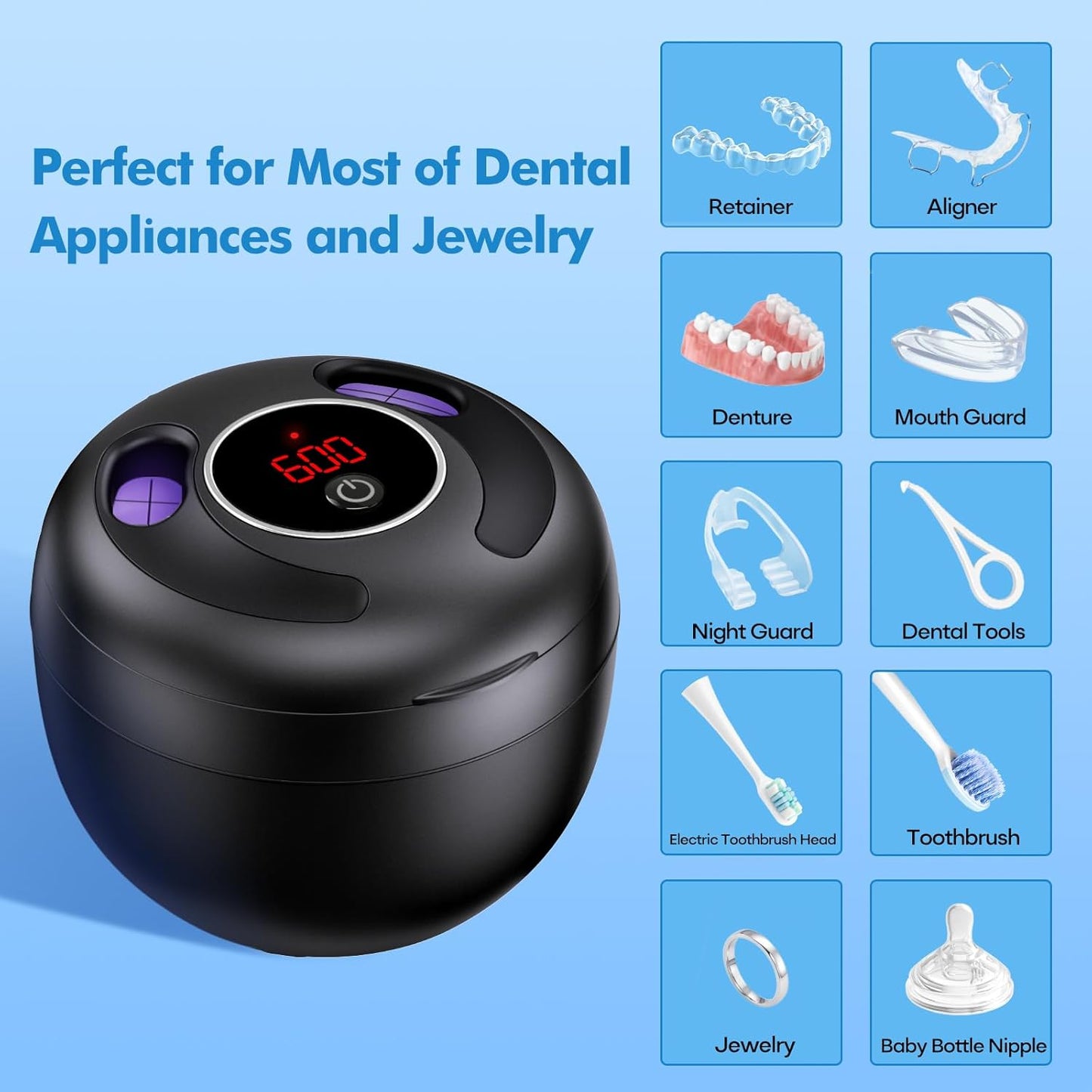 Upgraded Ultrasonic Retainer Cleaner Machine, 45kHz Ultrasonic Dentures Cleaner for Night Guards, Braces, Aligner, Toothbrush, Jewelry and More, 200ML Capacity, Black1