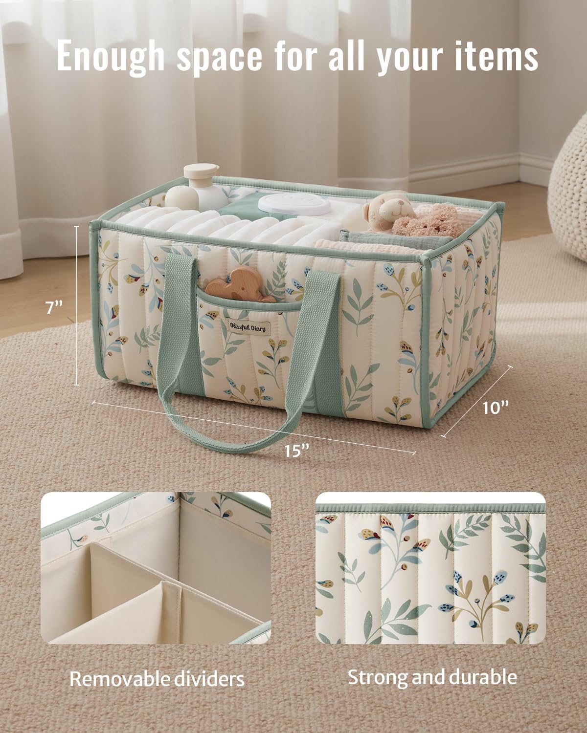 Blissful Diary Leaf Diaper Caddy Organizer, Stylish Nursery Storage Basket, Gift for Baby Shower, Newborn Essentials, Sage Leaf