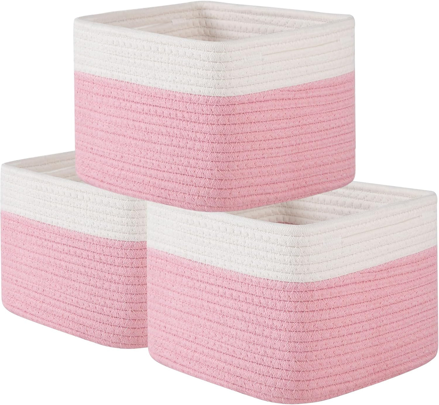 OIAHOMY 3 PACK Cube Storage Bins Storage Baskets Shelf Bins Pink&White | Storage Cubes Cotton Rope Woven Baskets for Organizing Basket for Gifts Storage Baskets for Shelves Cute Baskets