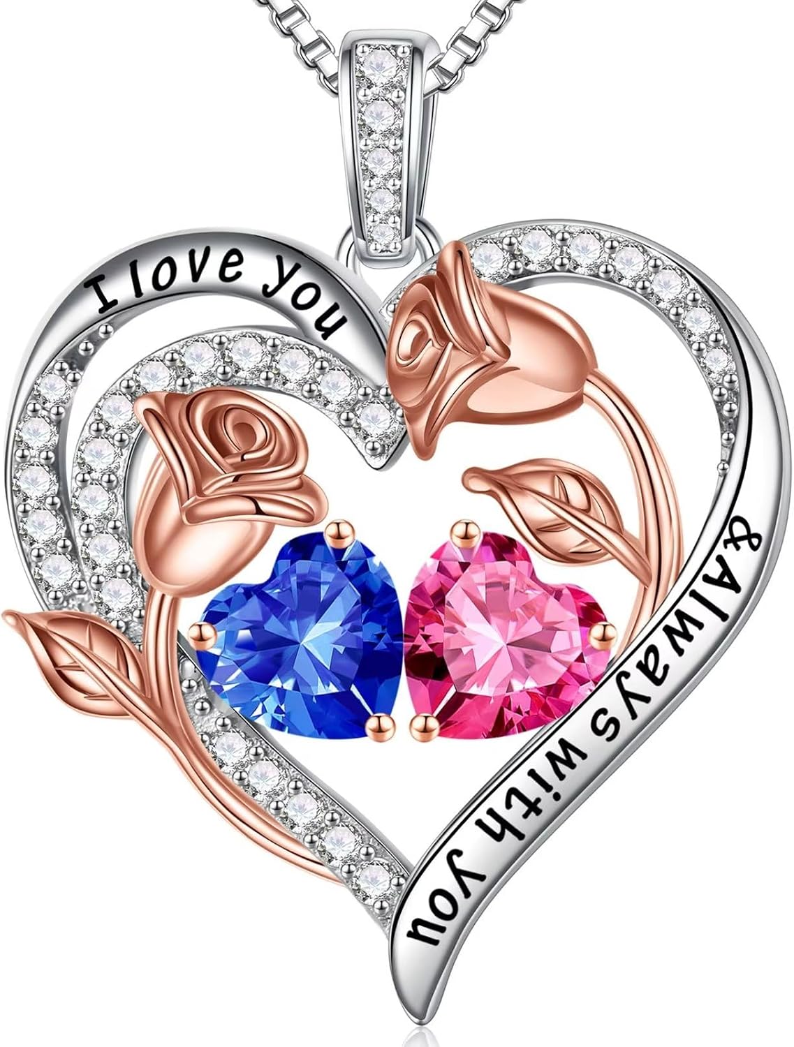 Iefil Birthstone Necklace for Women - Rose Heart Necklace