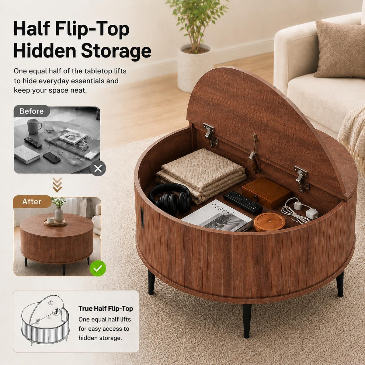 ARTPOWER 31.5" Round Coffee Table with Storage Mid Century Brown Walnut