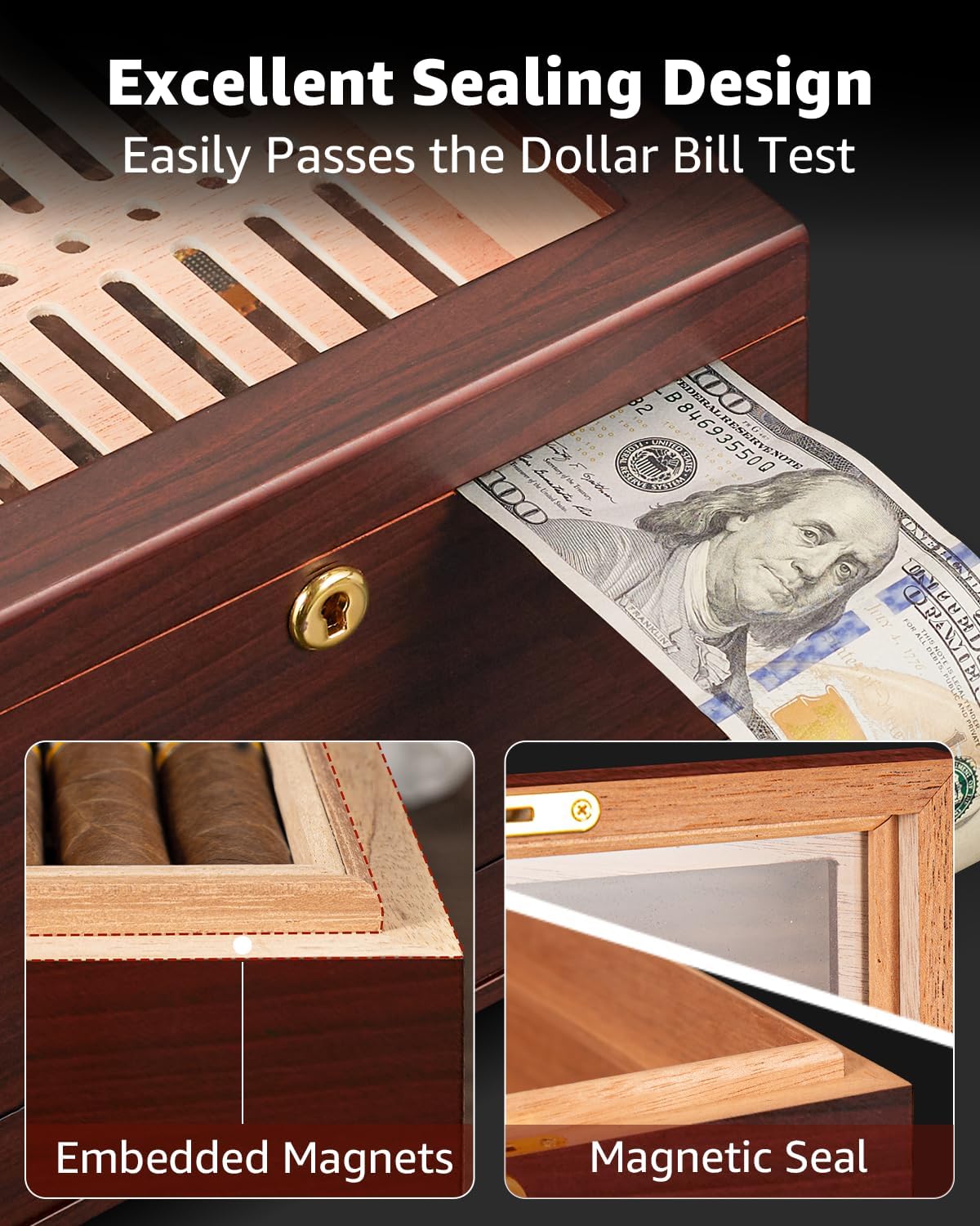 Flauno Cigar Humidor with Air Circulation System, Hold 40 Rubustos, Thicker Spanish Cedar, Accurate Digital Hygrometer, Drawer, Humidifier, Divider, Lock, Gift for Cigar Lovers
