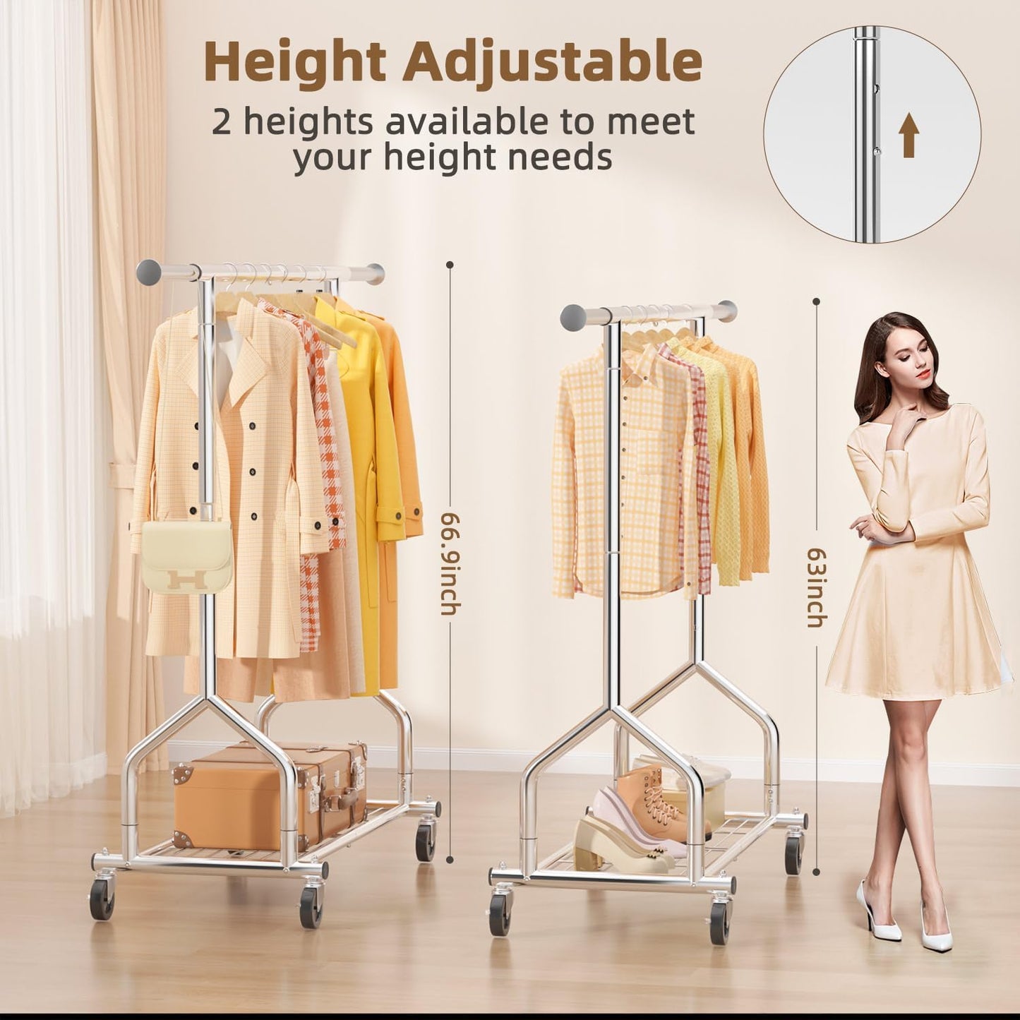 EAGMAK Heavy Duty Clothes Rack Load 424 LBS, Rolling Clothing Rack With Shelves, Adjustable Metal Clothes Hanger with Wheels, Portable Wardrobe Organizer Garment Rod for Hanging Clothes (Silver)