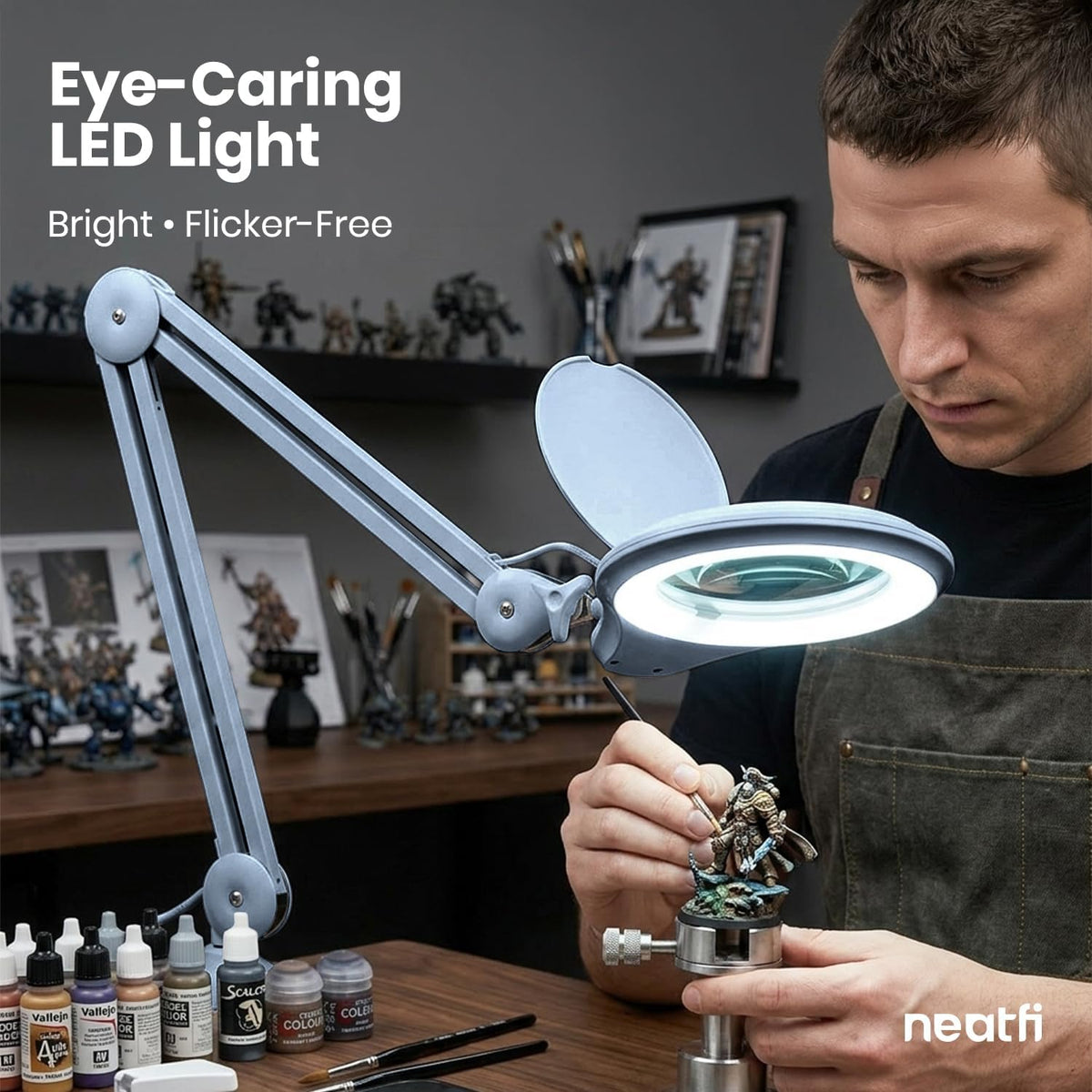 Neatfi LED Bifocal Magnifying Lamp 1,200 Lumens – 5” Glass Lens, Dual Magnification 2.25X/6X, Dimmable | Adjustable Arm with Clamp | Crafting, Jewelry & Reading (5 Diopter + 20 Diopter, Gray)