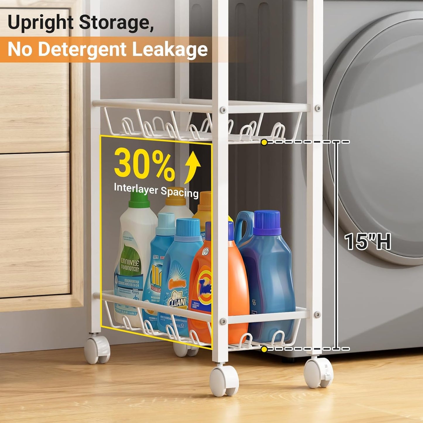 AOODA Laundry Room Cart with Top Detergent Holder, Metal Rolling Storage Cart Between Washer and Dryer, 3 Tier Narrow Laundry Room Organization and Storage with Wheels (White)
