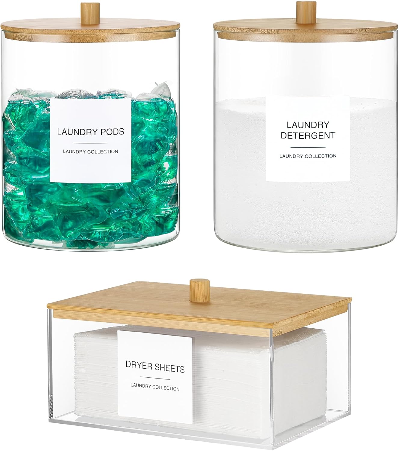 3 Pack Glass Jars and Acrylic Dryer Sheet Holder, Laundry Pods Container with Bamboo Lid and Measuring Cups for Laundry Room Organization, Powder Detergent Containers (Black)