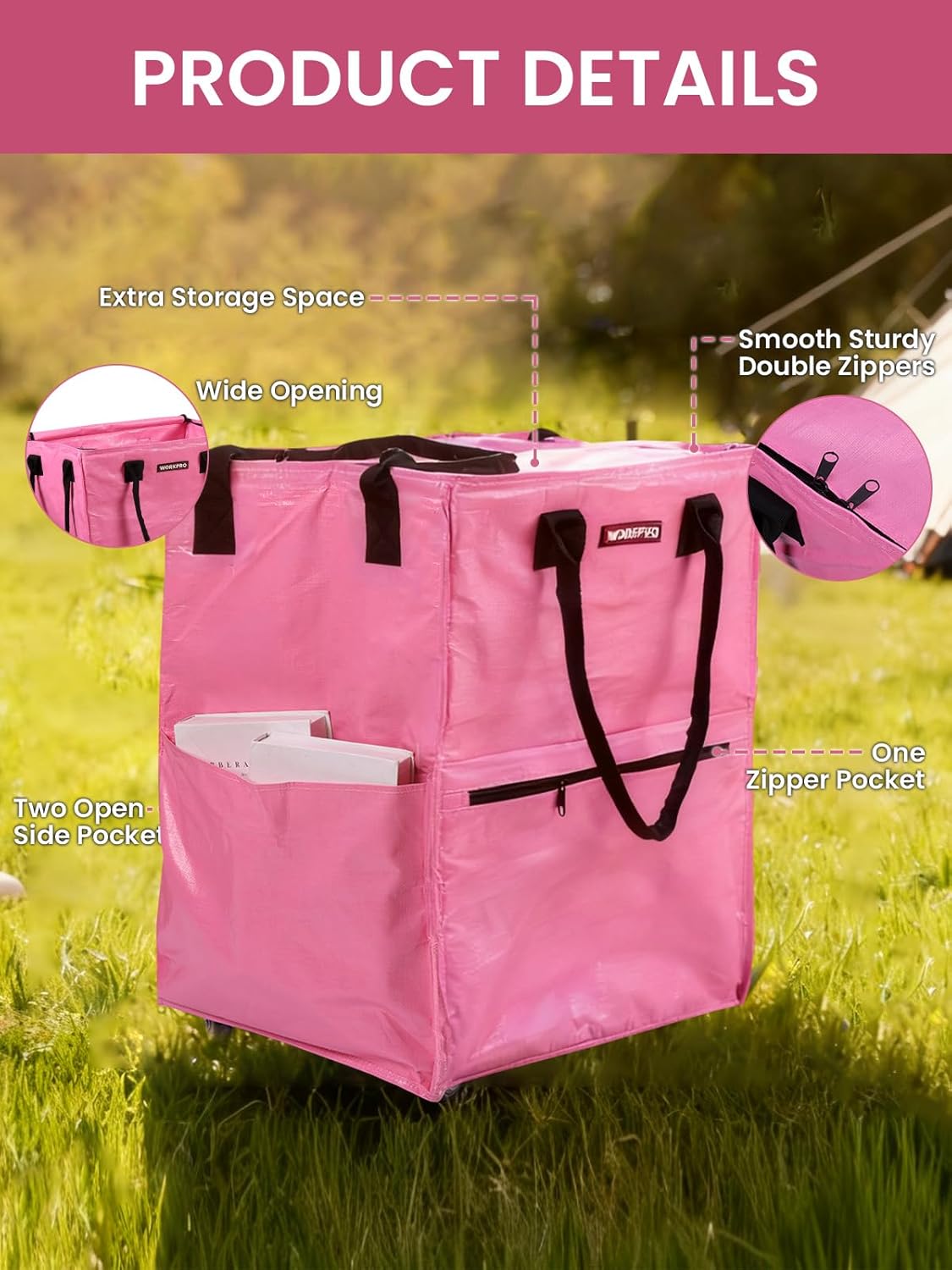 WORKPRO Large Rolling Grocery Bag, 36-Gallon Tote with 5 Wheels, 110 lbs Capacity, Dual Carry, Wide Zipper & Extra Storage for Shopping, Laundry & Moving