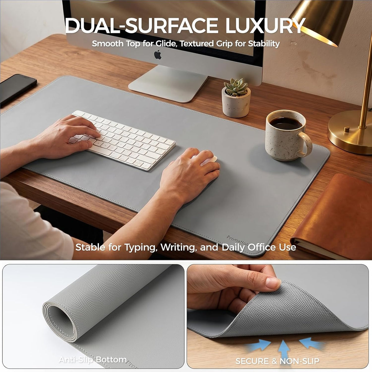 Large Desk Pad Non-Slip Desk Mat Protector for Keyboard Mouse Waterproof Vegan Leather Surface Faux Leather Laptop Mat Smooth Mouse Pad Premium Gift Tube Mist Gray 31.5" x 15.7"