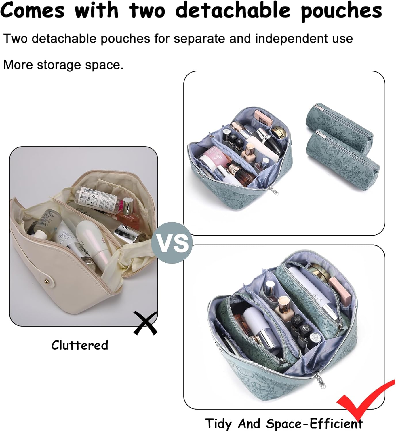 BOYATU Travel Makeup Bags Cosmetic Organizer Bag: 3 Pcs Set Large Capacity Floral Make up Bag with Compartments - Waterproof Leather Toiletry Bags with Handle for Women (01-Light Blue)