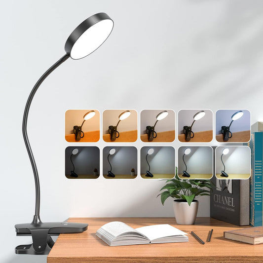 Mubarek Clip on Lamp,5 Brightness+5 Color Clip on Light,200LM 36 LED Reading Lights for Books in Bed,1800mAh Battery Powered Lamp Battery Operated Lights,Rechargeable Desk Lamp with Clamp Light