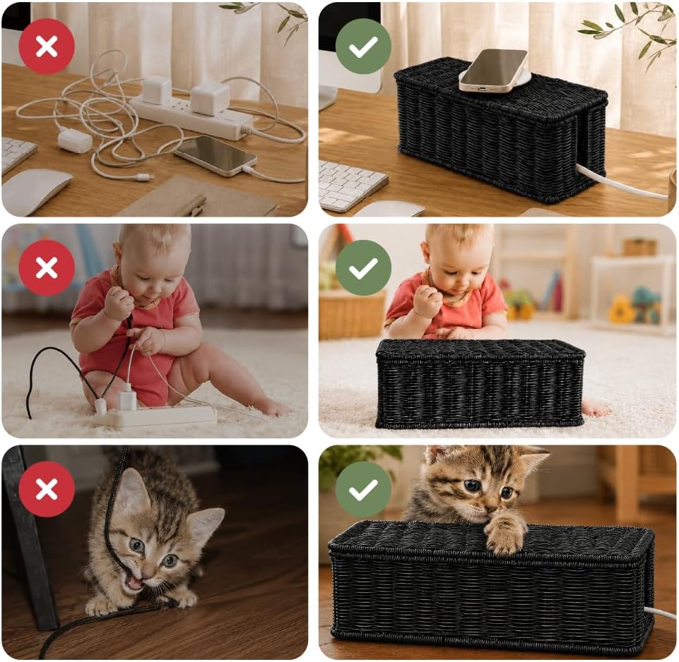 Cable Management Box, Handmade Rattan Cord Organizer for Power Strip | Open Slots Cord Hider for Power Strip, Router & USB Hub, Registered U.S. Design Patent