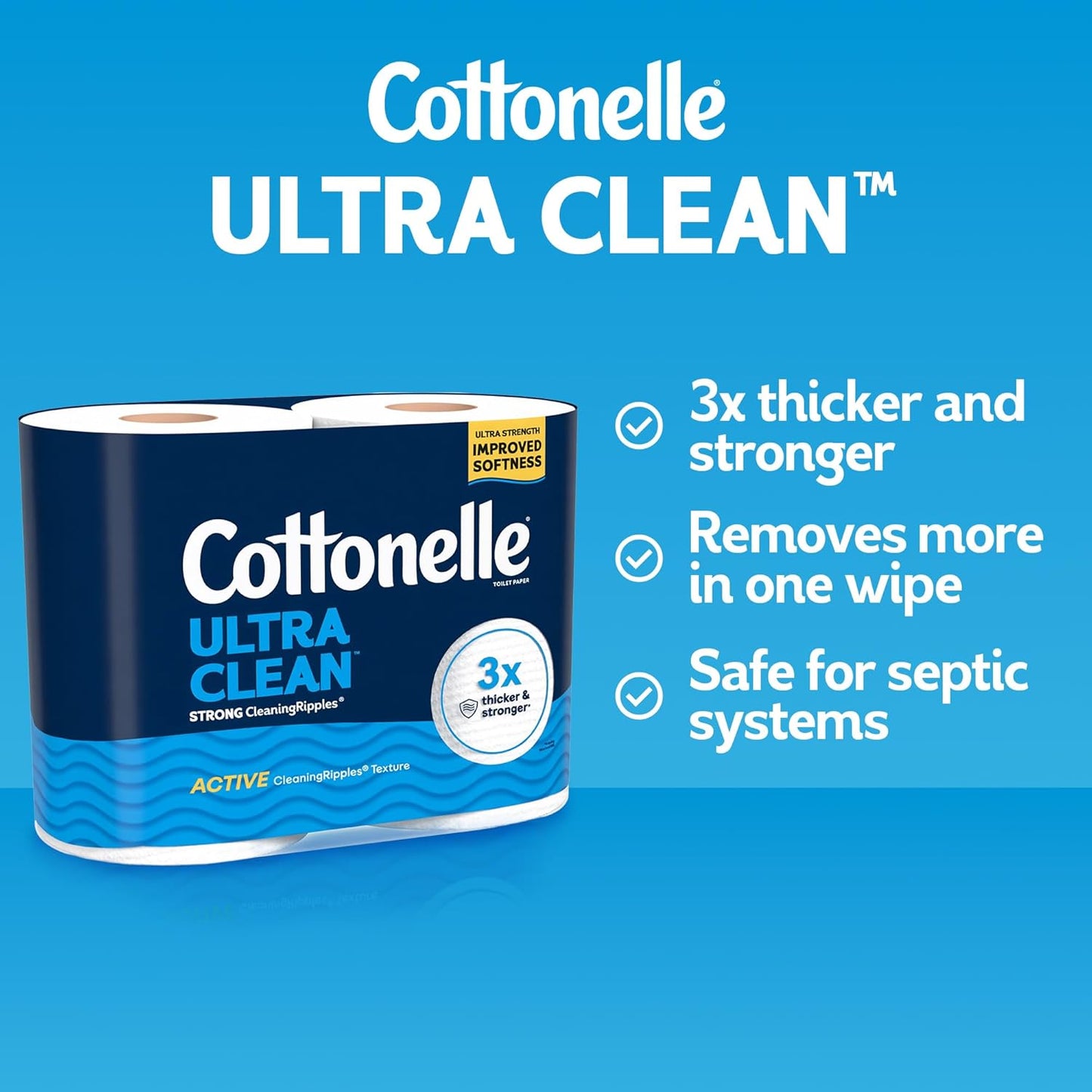 Cottonelle Ultra Clean Toilet Paper with Active CleaningRipples Texture, Strong Bath Tissue, 24 Family Mega Rolls = 132 Regular Rolls (4 Packs of 6)