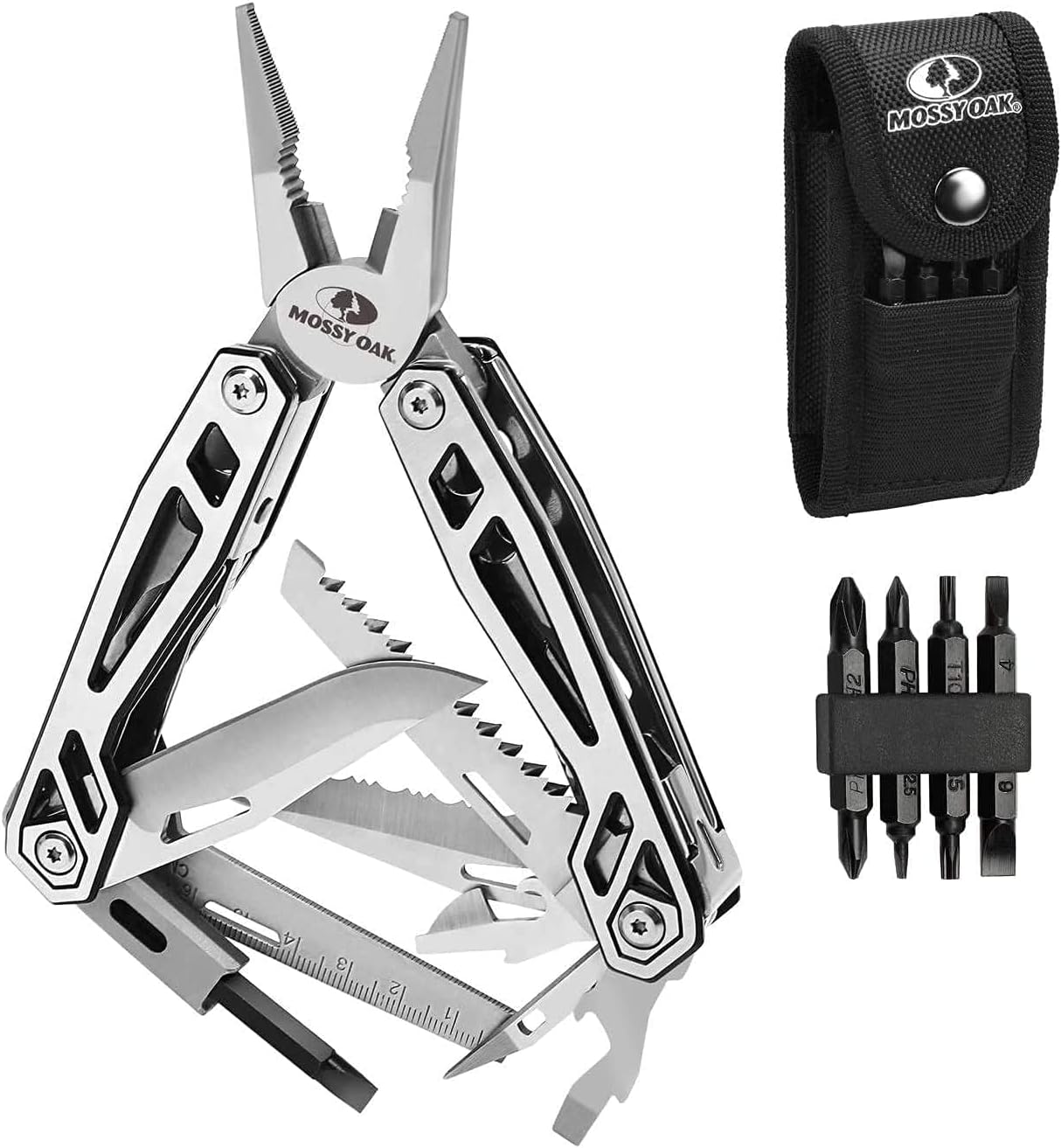 MOSSY OAK Multitool, 21-in-1 Stainless Steel Pocket Knife with Screwdriver Sleeve, Self-locking Pliers with Sheath-Perfect for Outdoor, Survival, Camping, Hiking, Simple Repair, Father Day Gifts