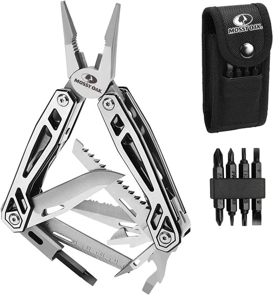 MOSSY OAK Multitool, 21-in-1 Stainless Steel Pocket Knife with Screwdriver Sleeve, Self-locking Pliers with Sheath-Perfect for Outdoor, Survival, Camping, Hiking, Simple Repair, Father Day Gifts