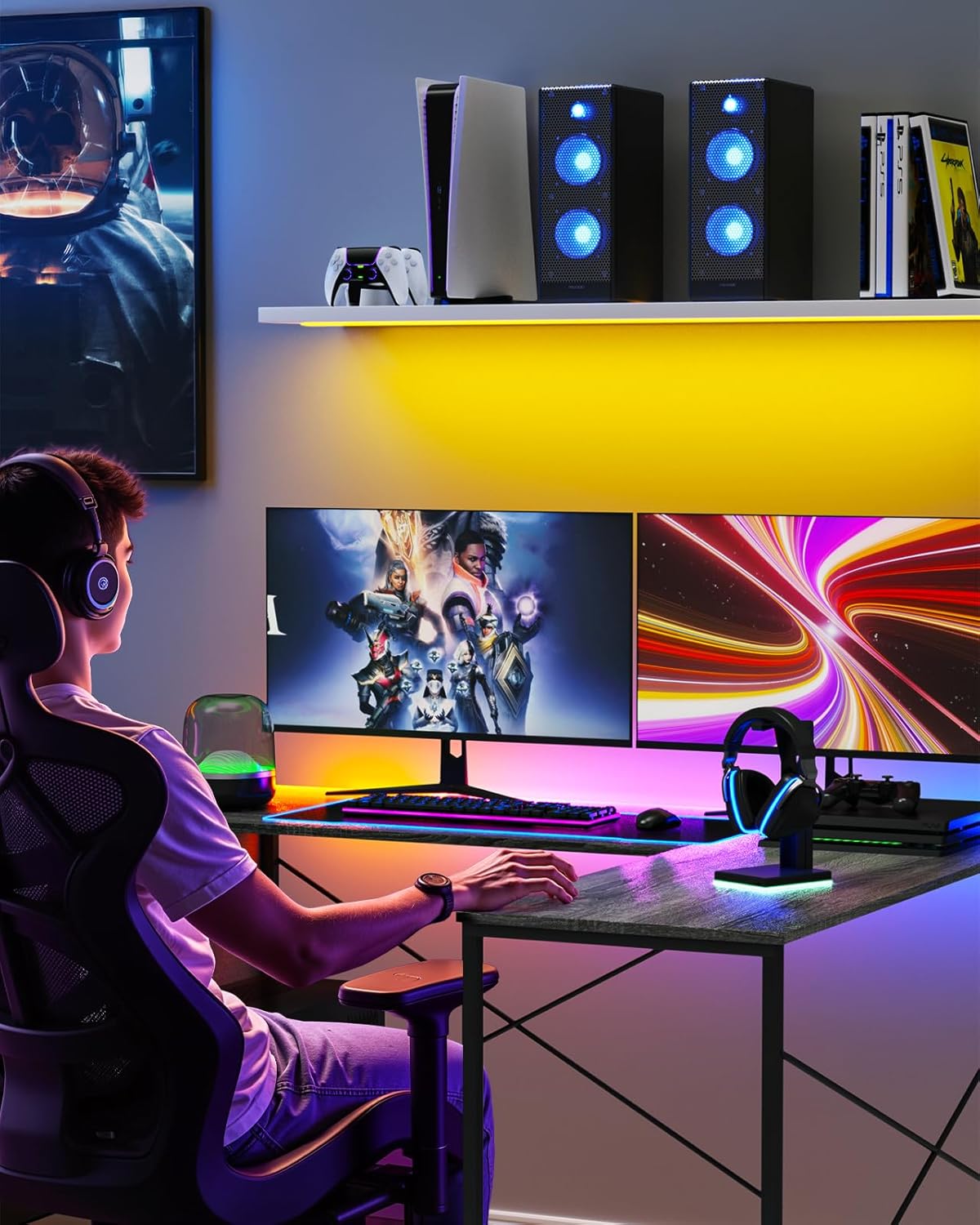L Shaped Desk - 50" Reversible Home Office Computer Desk, Wood Top, Metal Frame, Side Bag, Sturdy Gaming Desk Corner Table for Work, Writing and Study, Space-Saving
