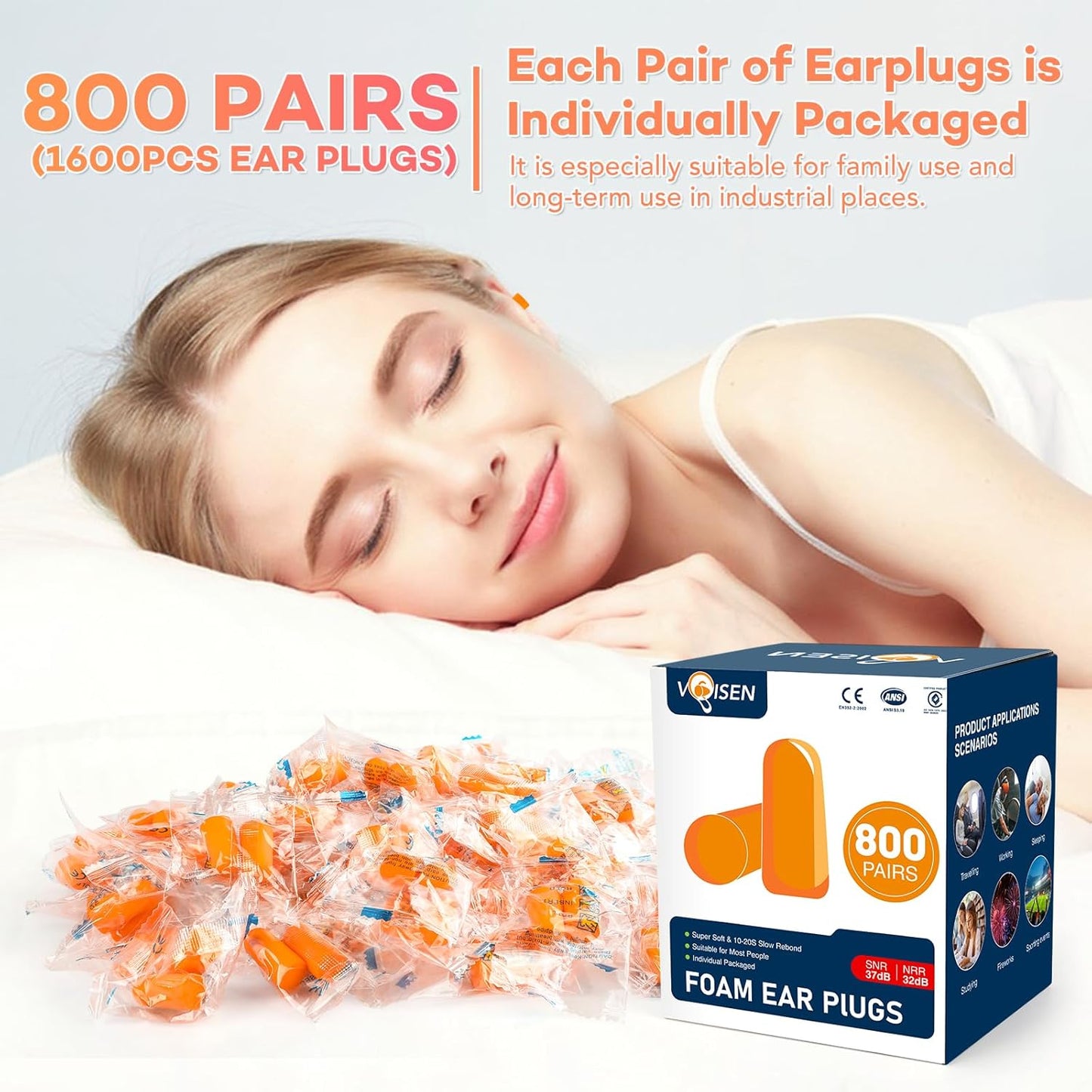VOISEN Ear Plugs, 800 Pairs EarPlug for Sleeping,32dB NRR 37dB SNR Ear Plugs Noise Cancelling for Snoring, Studying, Loud Events, Traveling & Concerts, Individual Package