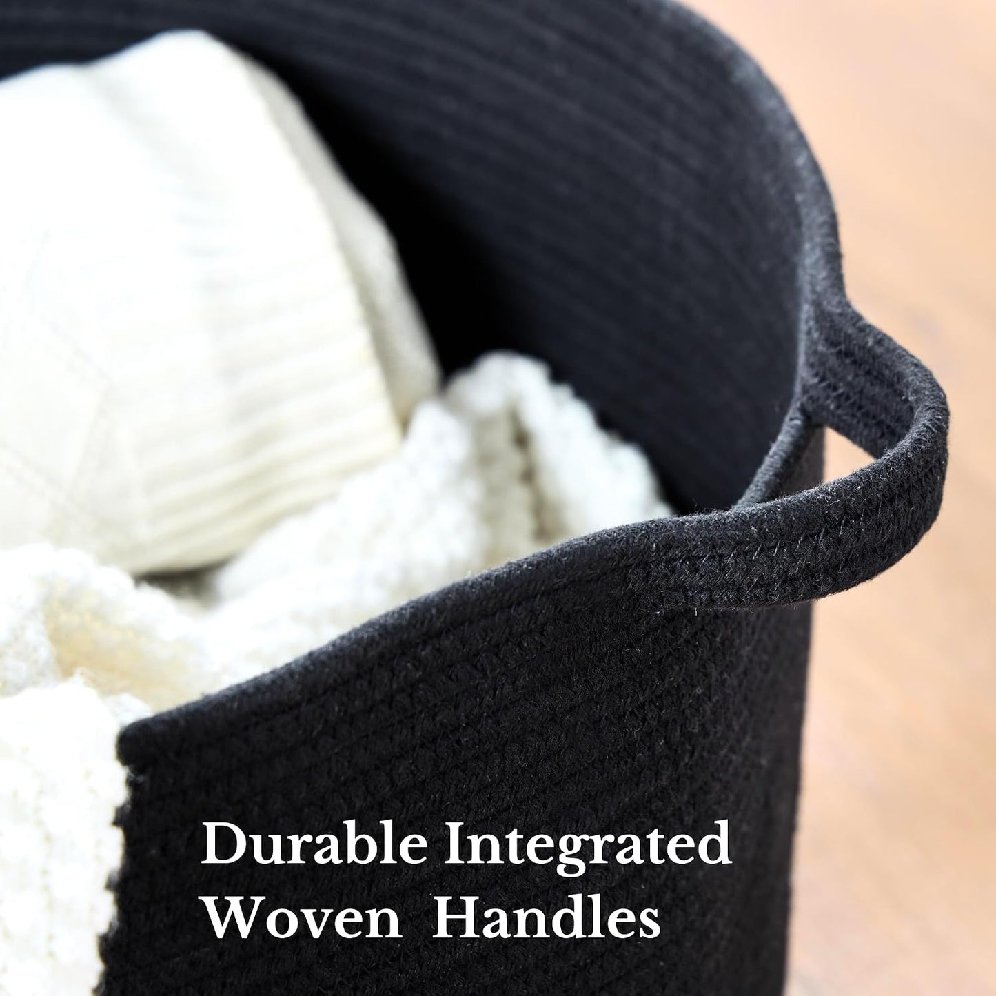 Luxury Little Extra Large Nursery Storage Basket, 22 x 22 x 14 inches - 100% Cotton Rope Baskets with Handles, Blanket Basket for Toys, Blankets & Pillows - Inner Black