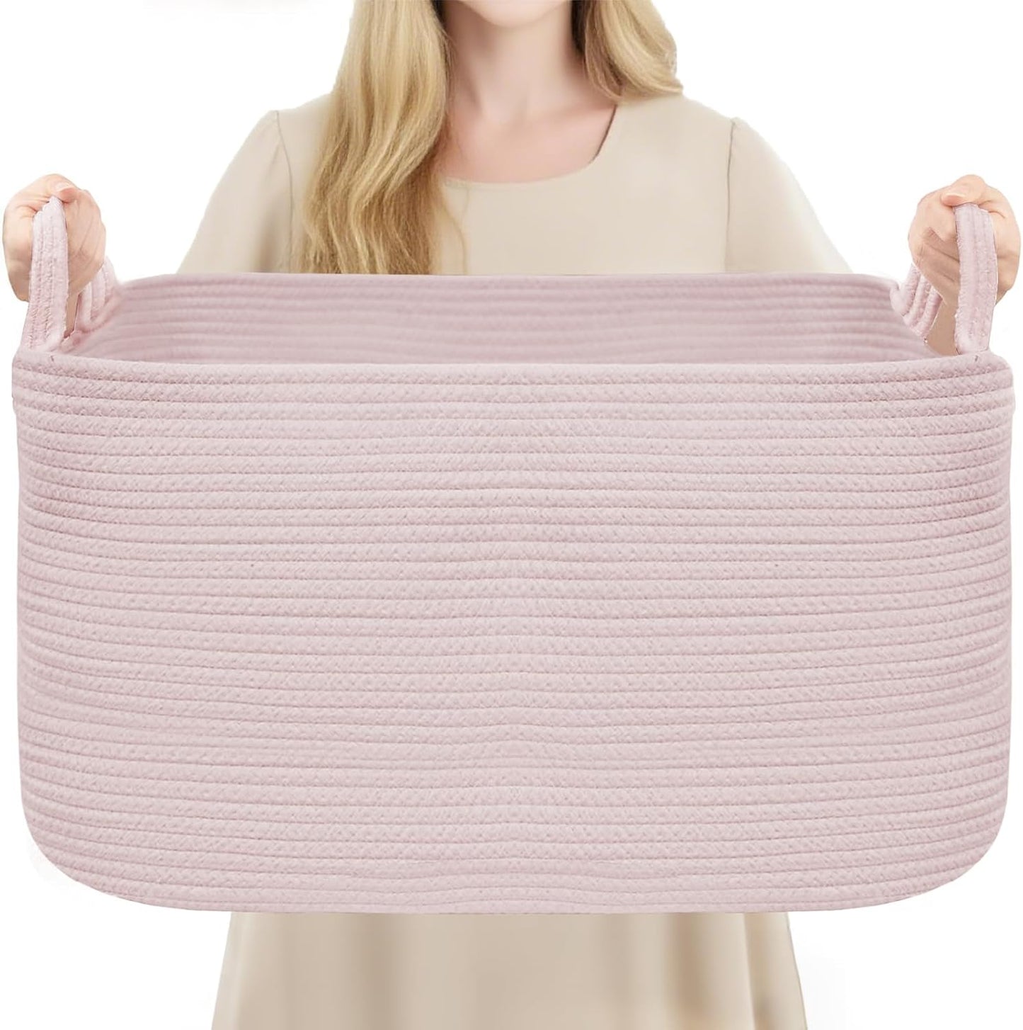 YOUDENOVA Large Blanket Basket, Rectangle Cotton Rope Storage Basket, Pink | 21.6''×14.9''×11.8'' Nursery Laundry Hamper for Storage Clothes Organizing, Woven Basket, Dirty Clothes Organizer Bins