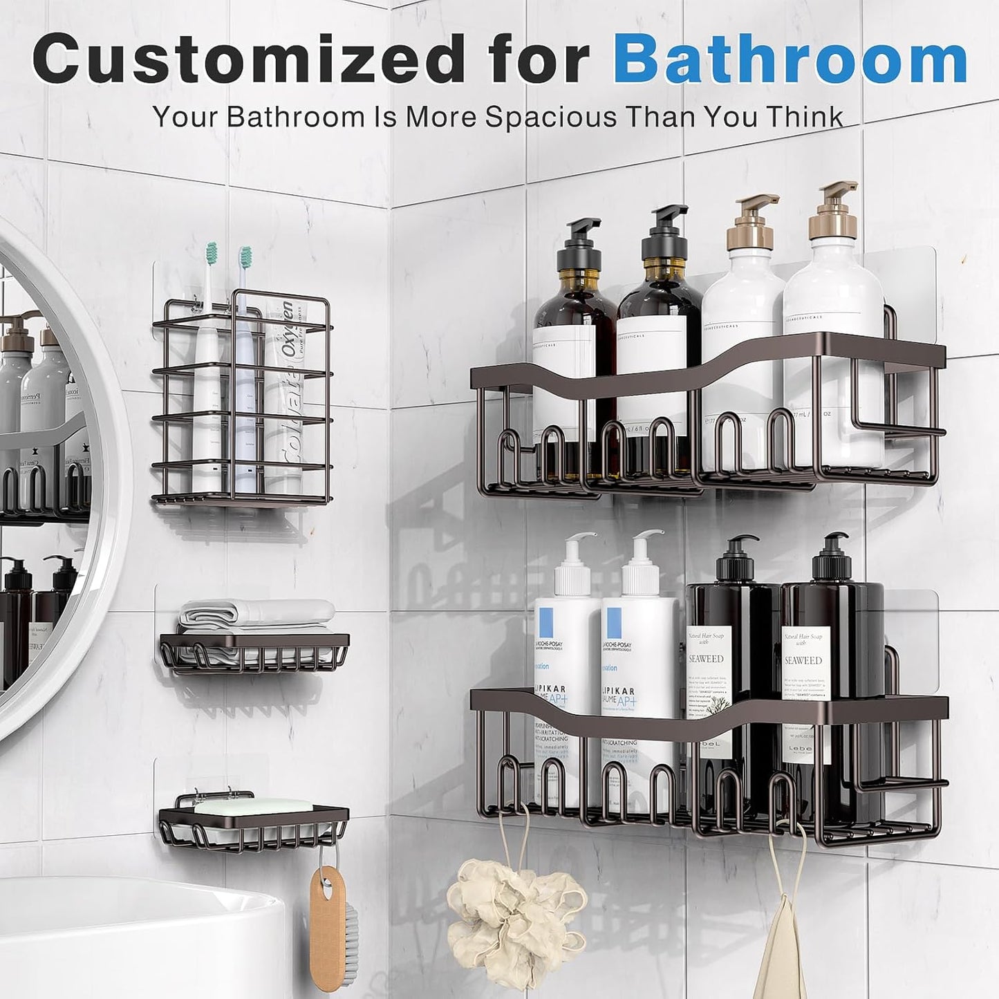 5-Pack Shower Caddy, No Drill Adhesive Shower Organizer, Rustproof Stainless Steel Bathroom Organizer, Space-Saving Bathroom Shelves for Apartment Essentials, Kitchen Storage Home Decorr-Larger