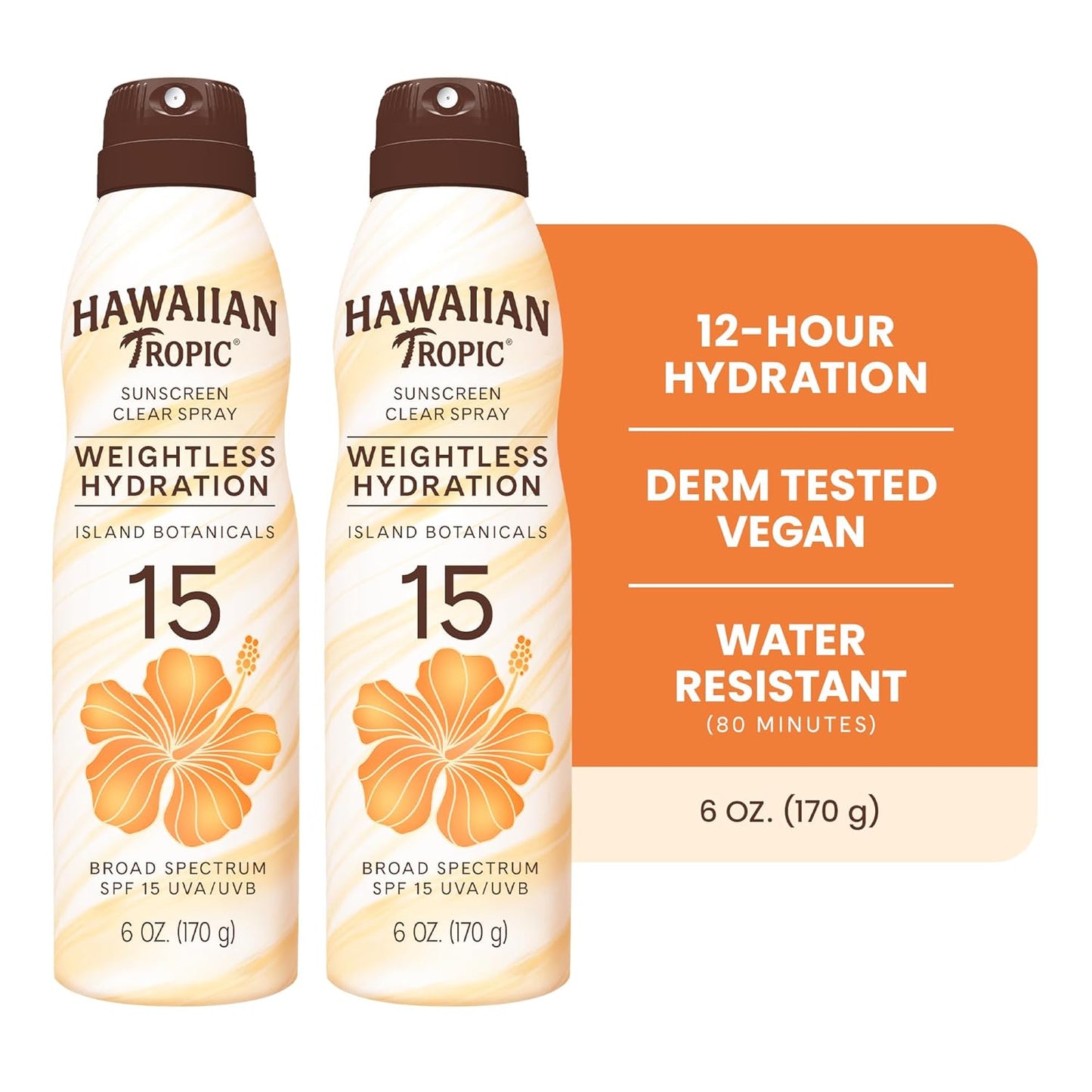 Hawaiian Tropic Weightless Hydration Clear Spray Sunscreen SPF 15, 6oz Twin Pack, Hawaiian Tropic Sunscreen SPF 15, Sunblock, Oxybenzone Free Sunscreen, Spray On Sunscreen Pack, 6 oz each