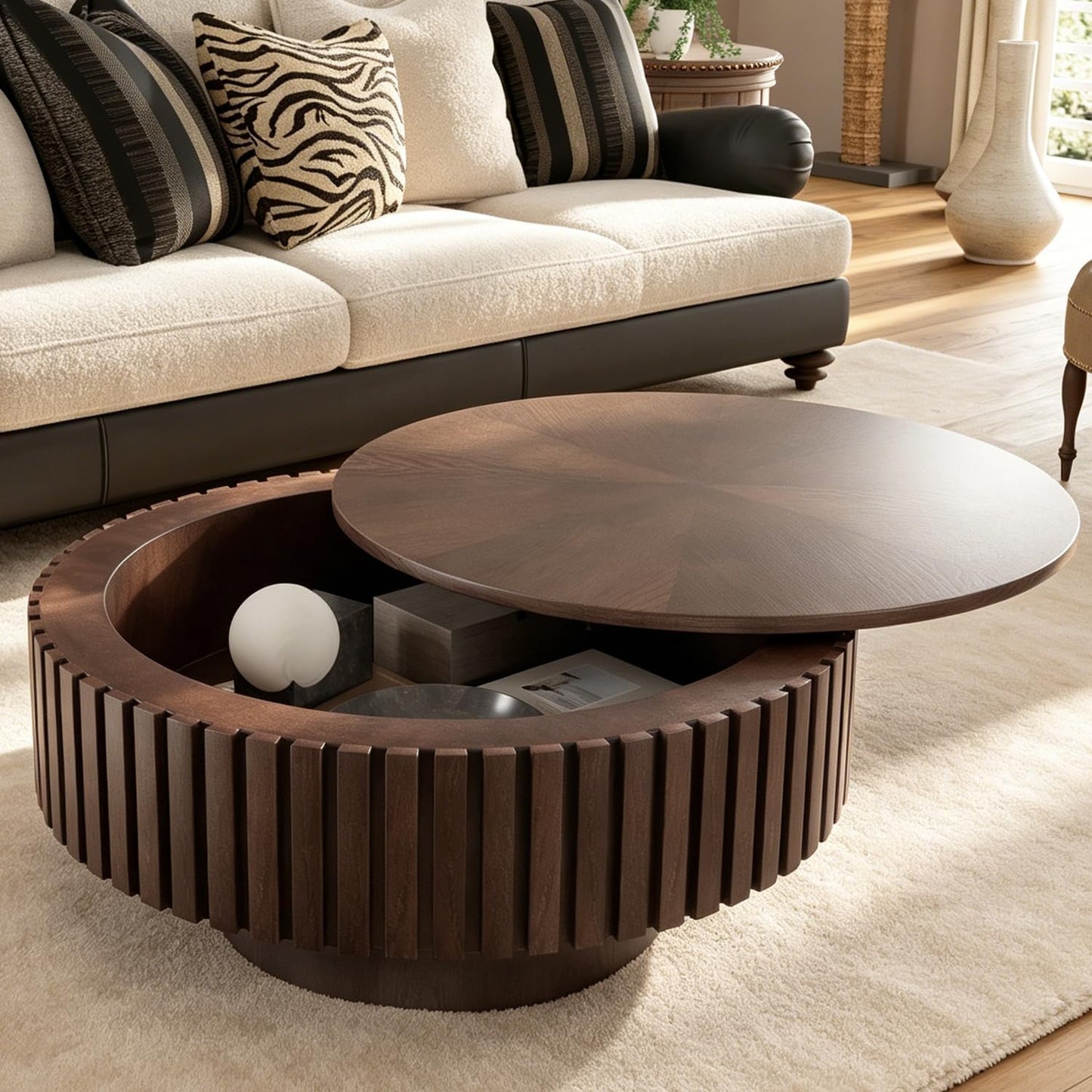 31" Brown Round Coffee Table with Storage (G, 1PC) | For Living Room, Circle Drum Wood Fluted Coffee Table with Flip-Top Lid, Farmhouse Modern, For Small Spaces, Easy Assembly