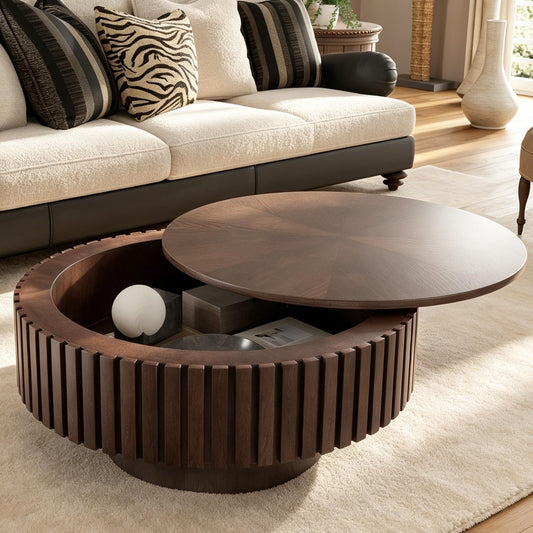 31" Brown Round Coffee Table with Storage (G, 1PC) | For Living Room, Circle Drum Wood Fluted Coffee Table with Flip-Top Lid, Farmhouse Modern, For Small Spaces, Easy Assembly