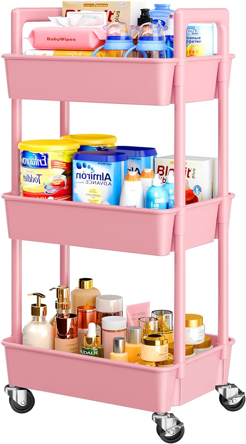 Pipishell 3 Tier Rolling Cart Organizer, Plastic Rolling Cart with Lockable Wheels & Reinforced Handle, Lightweight Utility Storage Cart for Nursery, Kitchen, Craft Room, Pink