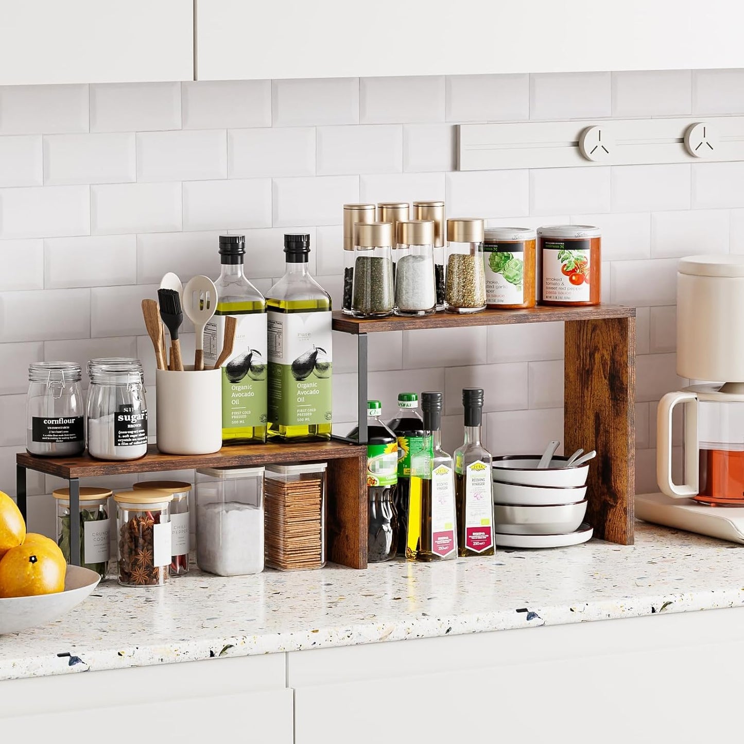 Kitchen Countertop Organizer, Spice Rack Cabinet Organizer Shelf Stackable Counter Corner Shelves Organization and Storage for Pantry, Counter top, Coffee Station Wood Rustic Brown