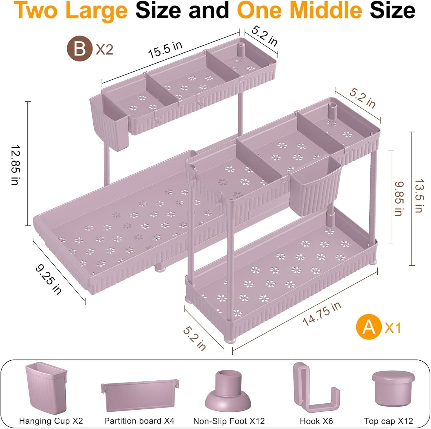 Sevenblue 3 Pack Multi-Purpose Pull-Out Storage Organizers, 2-Tier L-Shaped Under Sink/Cabinet Organizers and Storage for Bathroom & Kitchen,Pink,12.85 Inch