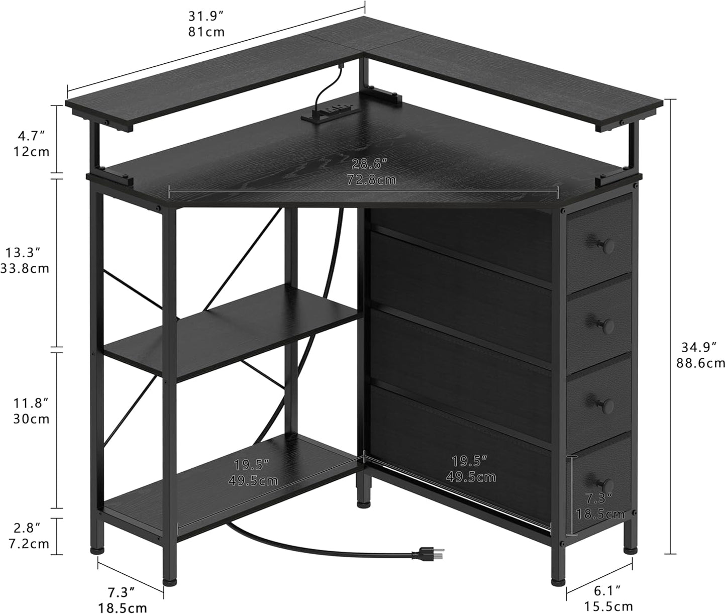 VENNQD Corner Desk with Drawers Shelves for Small Space 90 Degrees Triangle Computer Desk with Power Outlets,Gaming Desk with LED Lights Monitor Stand for Home Office Workstation Writing Table (Black)