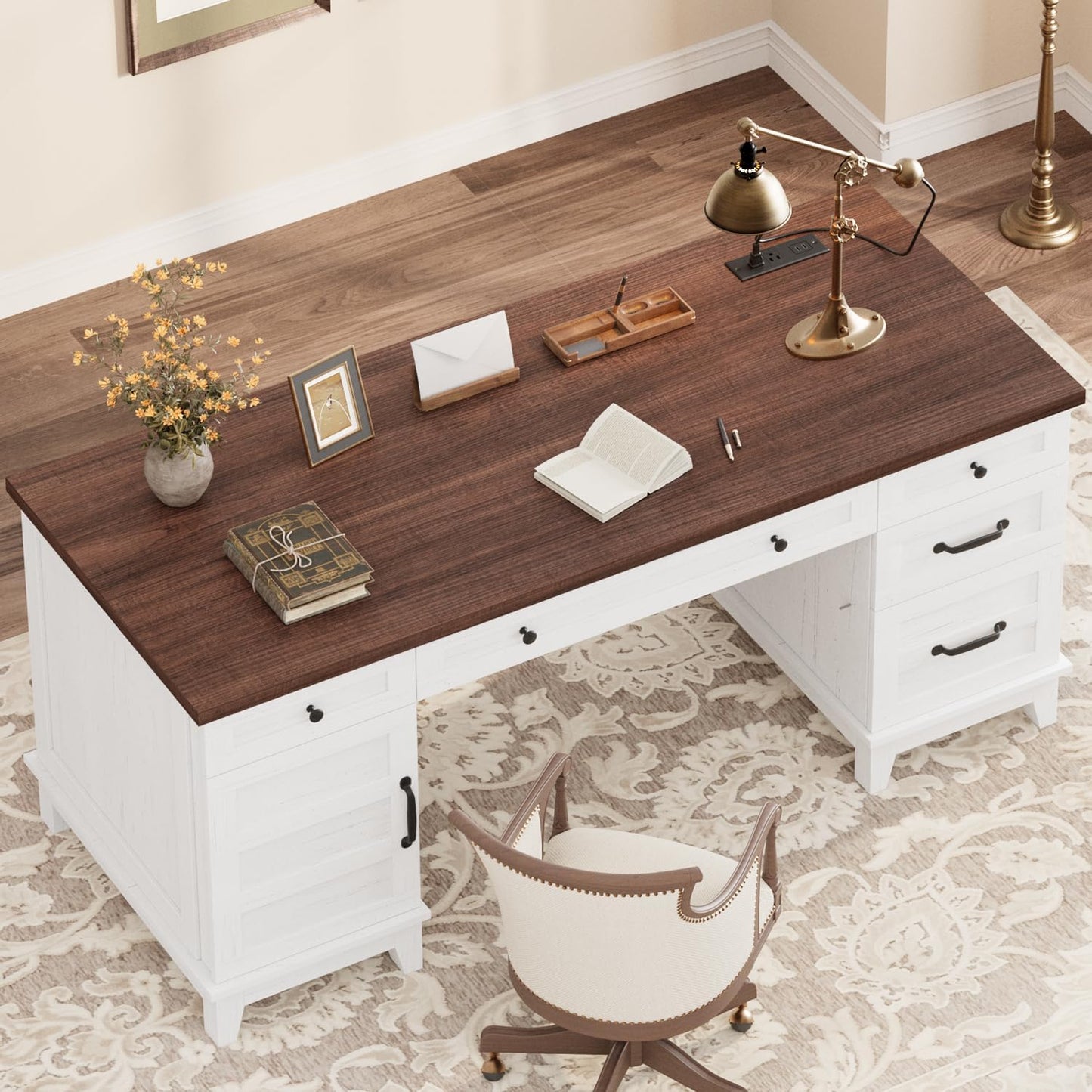 GarveeHome Executive Desk with File Drawers, Farmhouse Home Office Desk with Charging Station, 60 in Wooden Computer Desk with Cabinet Storage for Work Study Writing, White Walunt