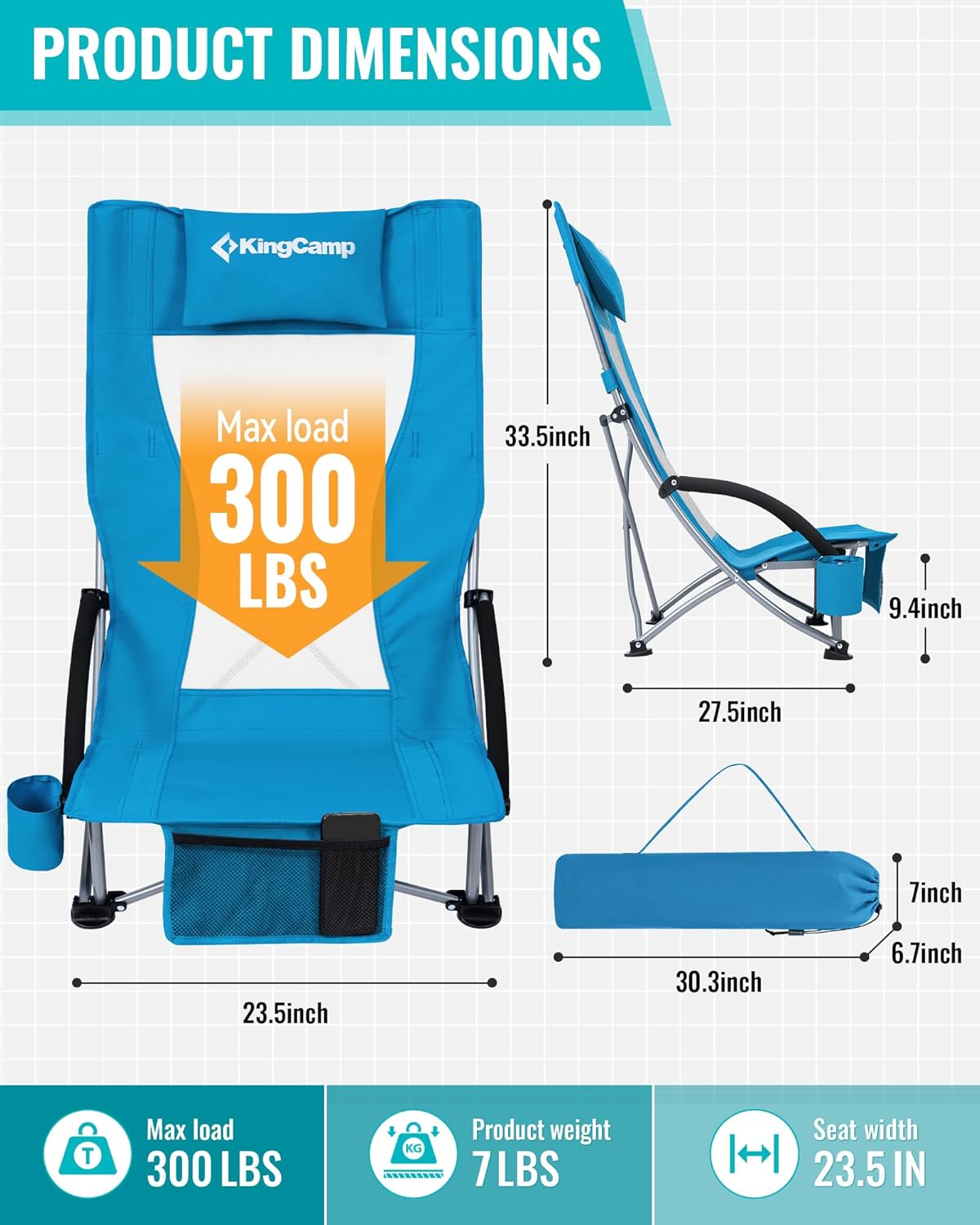 KingCamp Low Beach Chair, High Back Folding Camping Chair for Adults, Oversized Breathable Mesh Seat, 300lbs Heavy Duty Portable Chair with Cup Holder & Storage Pockets for Beach, Outdoor