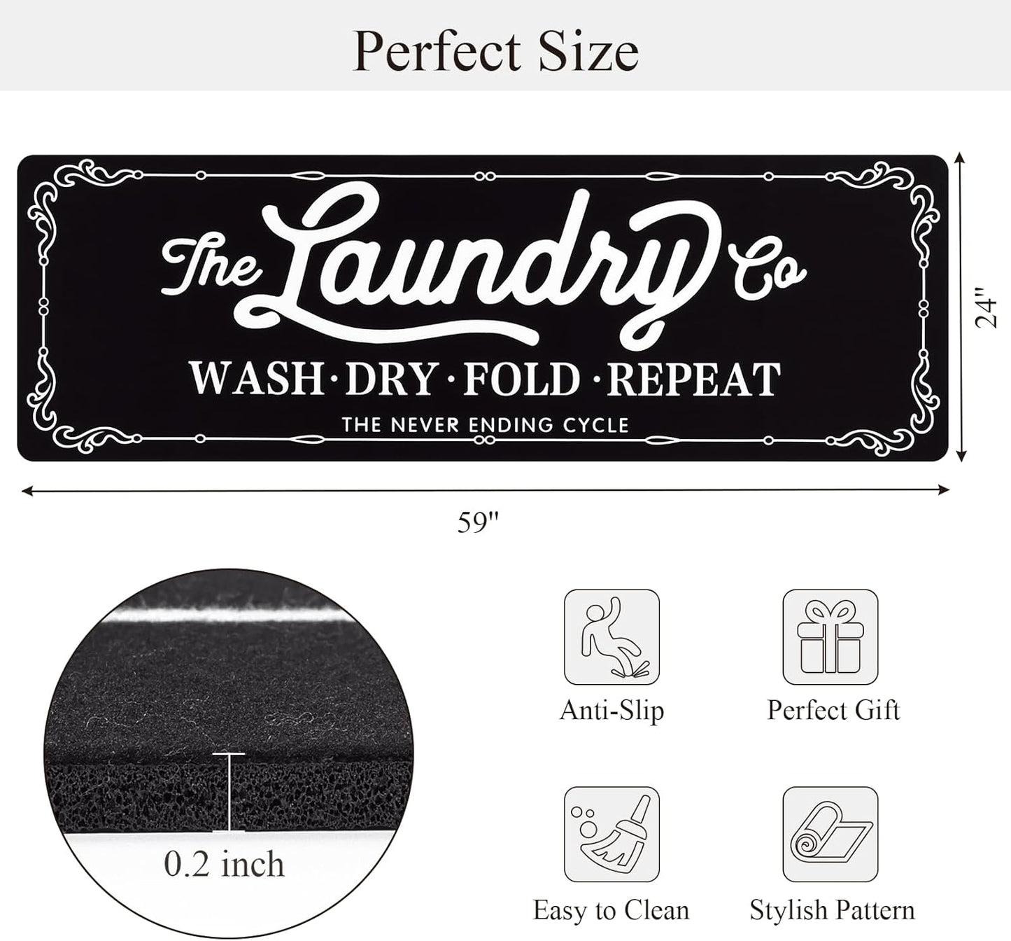 Pauwer Laundry Room Rug Runner 24"x60" Waterproof Rubber Laundry Mat Non Slip Kitchen Mats for Floor Washable Floor Mat Runner Rug for Farmhouse Mudroom Washroom Bathroom Decor