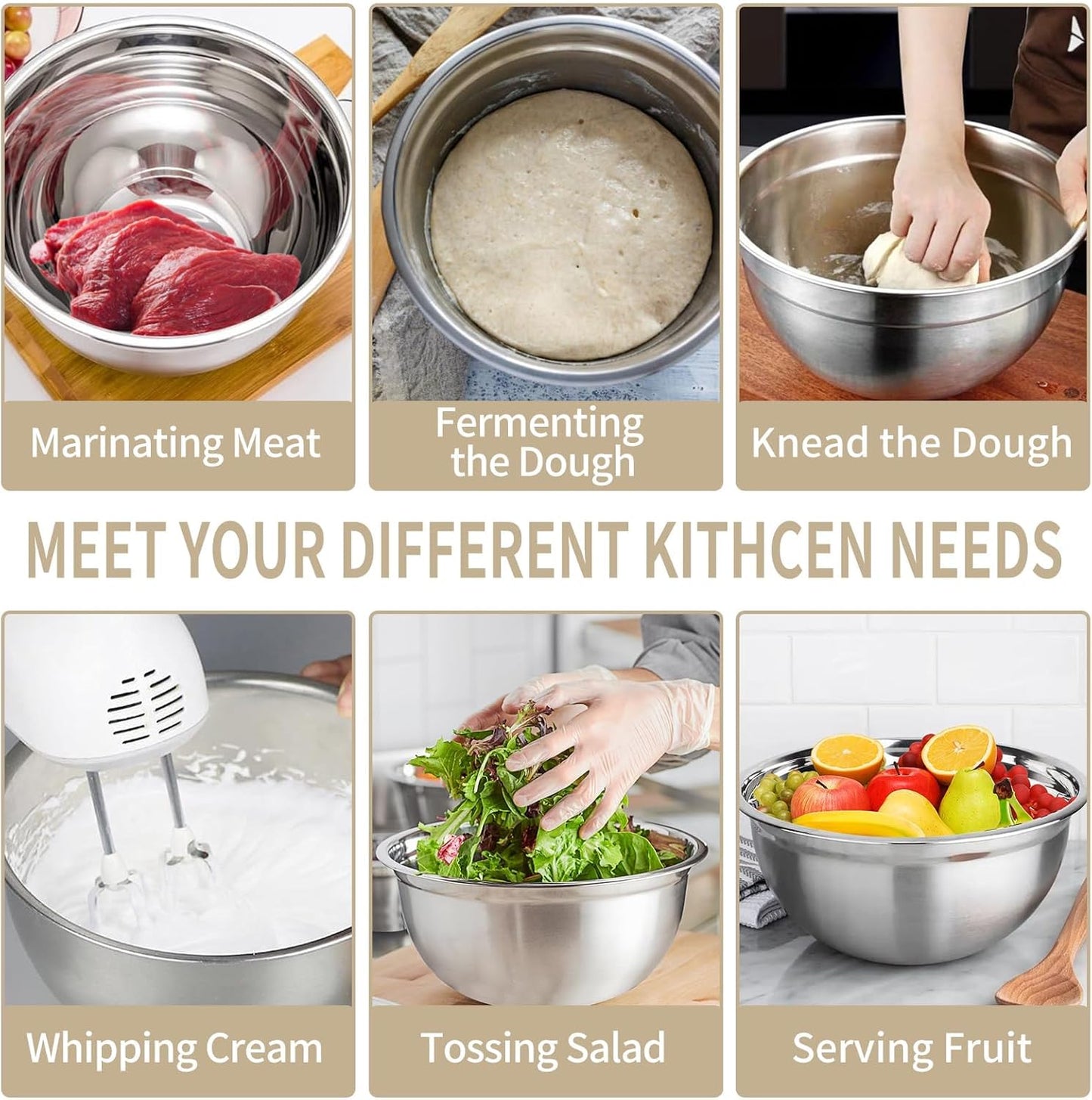 WEPSEN Mixing Bowls Set, 25PCS Khaki Mixing Bowls With Lids Set Stainless Steel Kitchen Large Nesting Metal Bowl 7QT to 1.5QT, Measuring Cups and Spoons for Prepping Cooking Serving