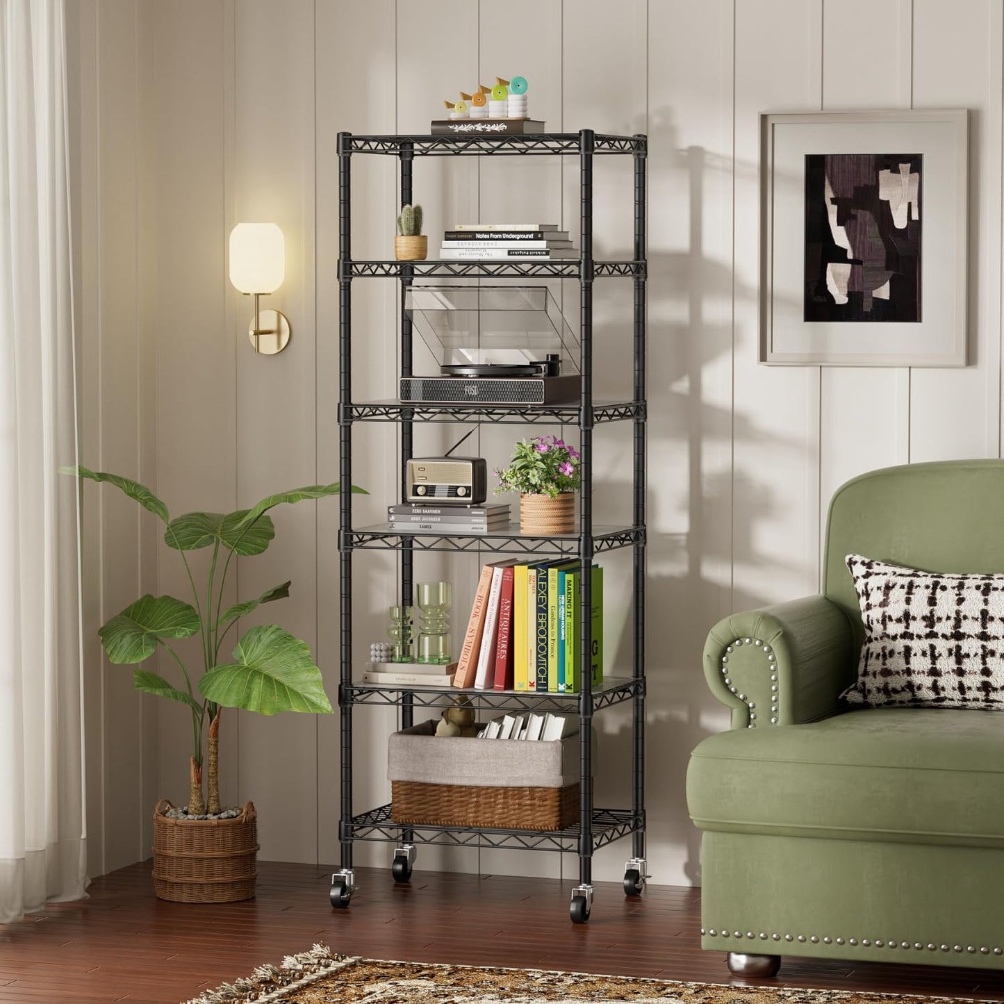 SINGAYE 6 Small Shelf Storage Wire Shelves Closet Bathroom Organizers Metal Pantry Kitchen Garage Shelving Unit Laundry Room Organization Home Narrow Rack Net Basket with Wheels Black