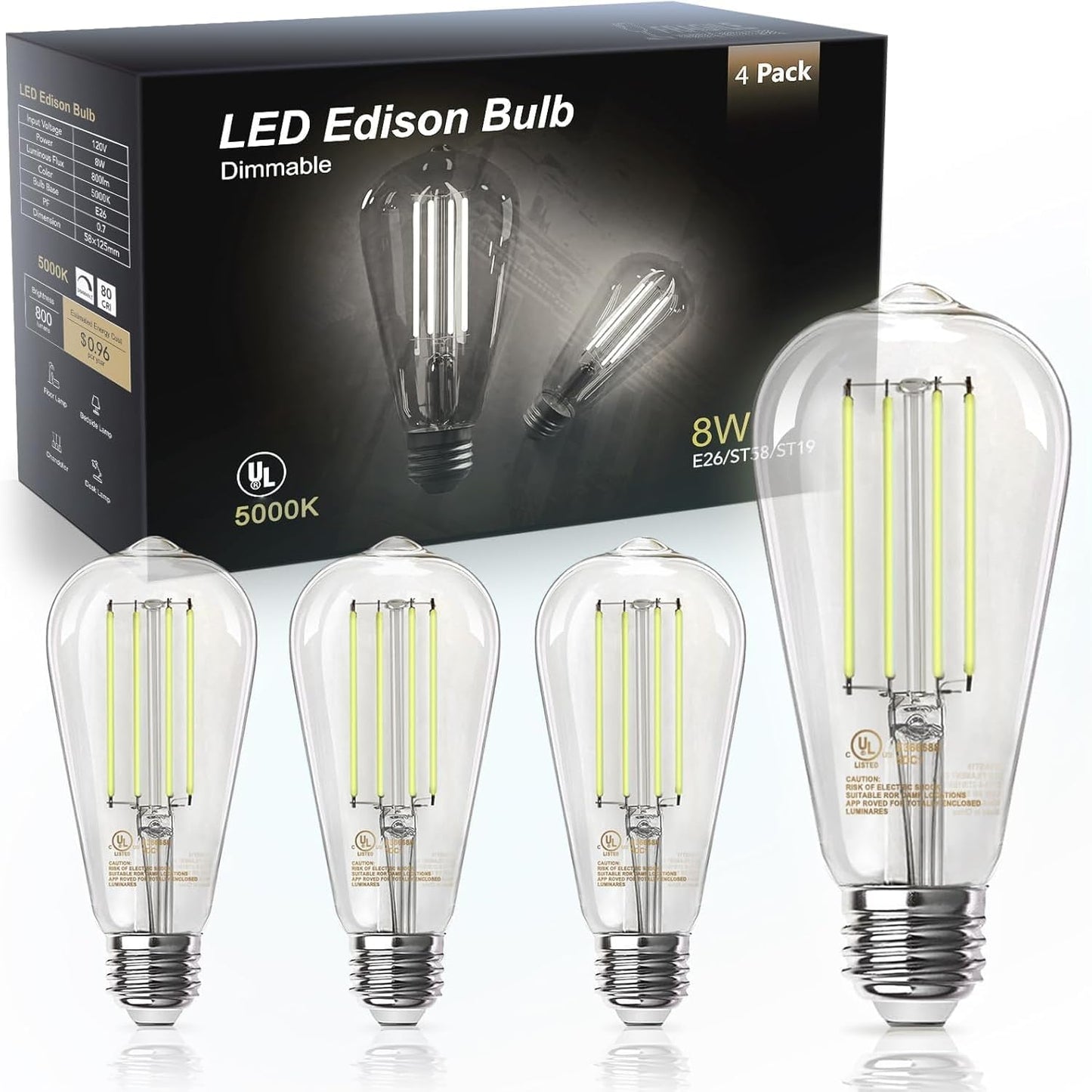 TJOY Edison Light Bulbs 60W Equivalent, Dimmable Vintage LED Light Bulbs, E26 Medium Base, Warm White 2700K, ST58, 8W, 800LM, 80+ CRI, Antique Decorative Filament LED Bulb, Clear Glass, 6 Pack