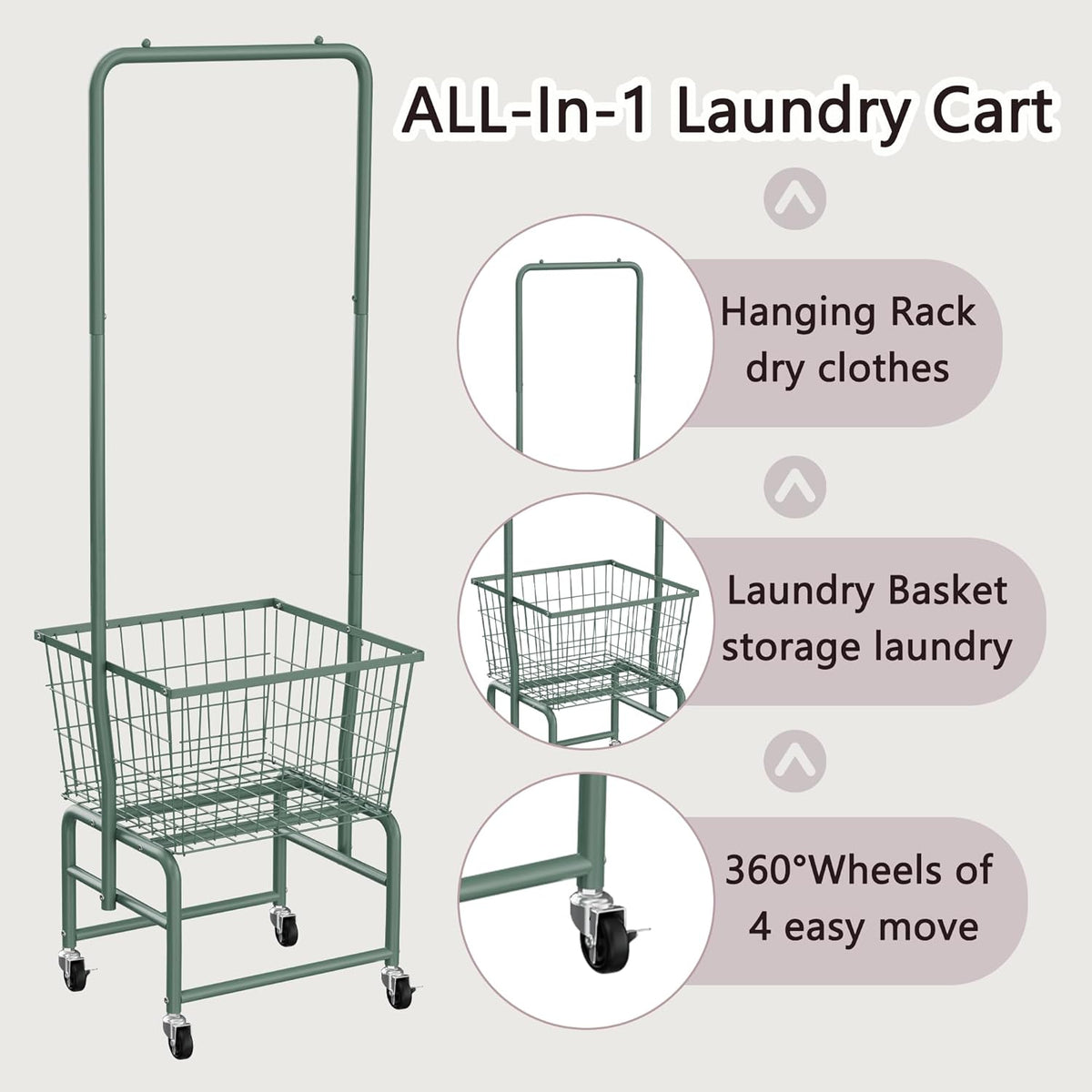 Rolling Laundry Cart with Wheels, Laundry Hamper Basket Organizer with Clothes Hanging Rack, Wire Storage Cloth Shelf Butler, Green